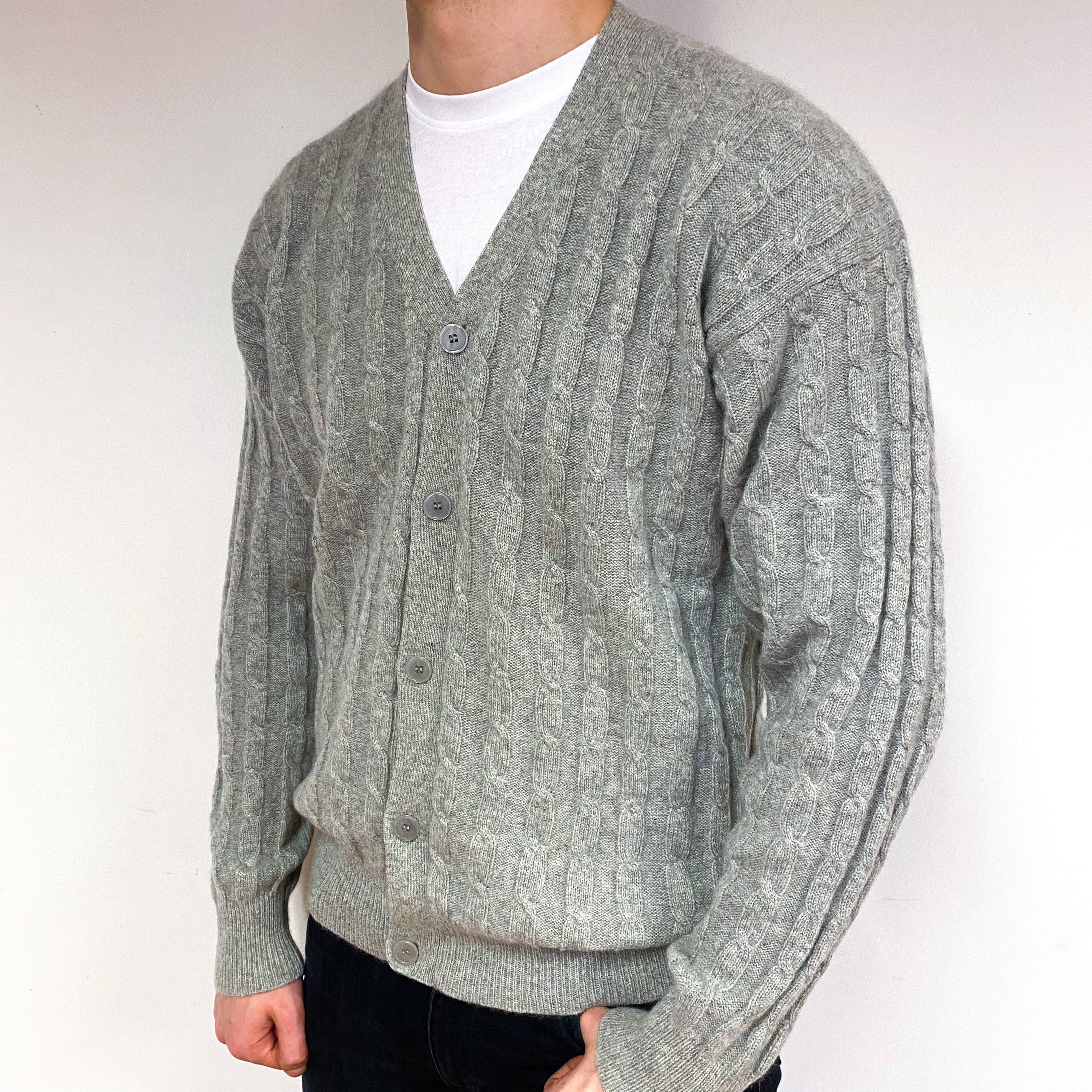 Men's Smoke Grey Cable Cashmere V-Neck Cardigan Extra Large