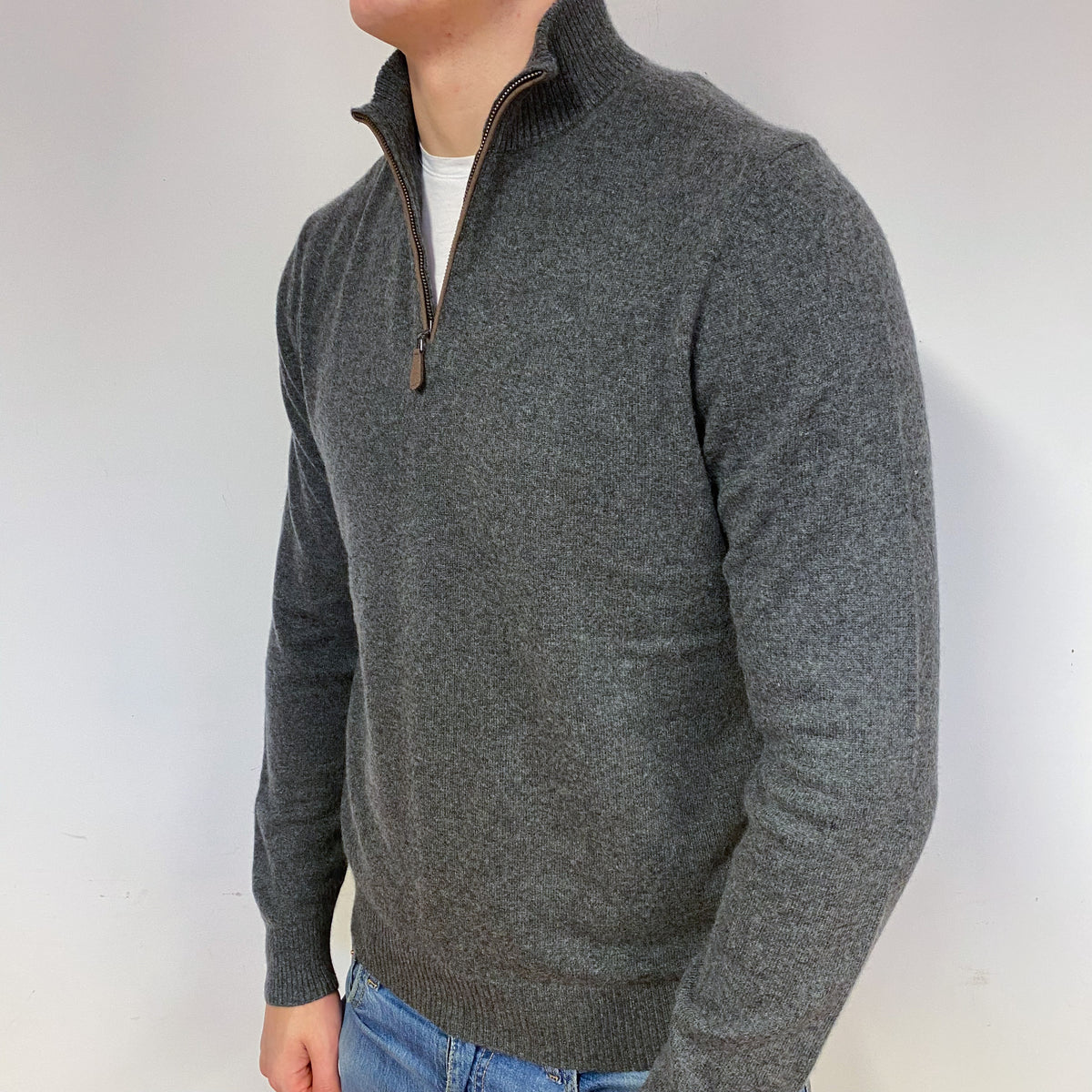Men's Slate Grey Cashmere 1/4 Zip Jumper Extra Large
