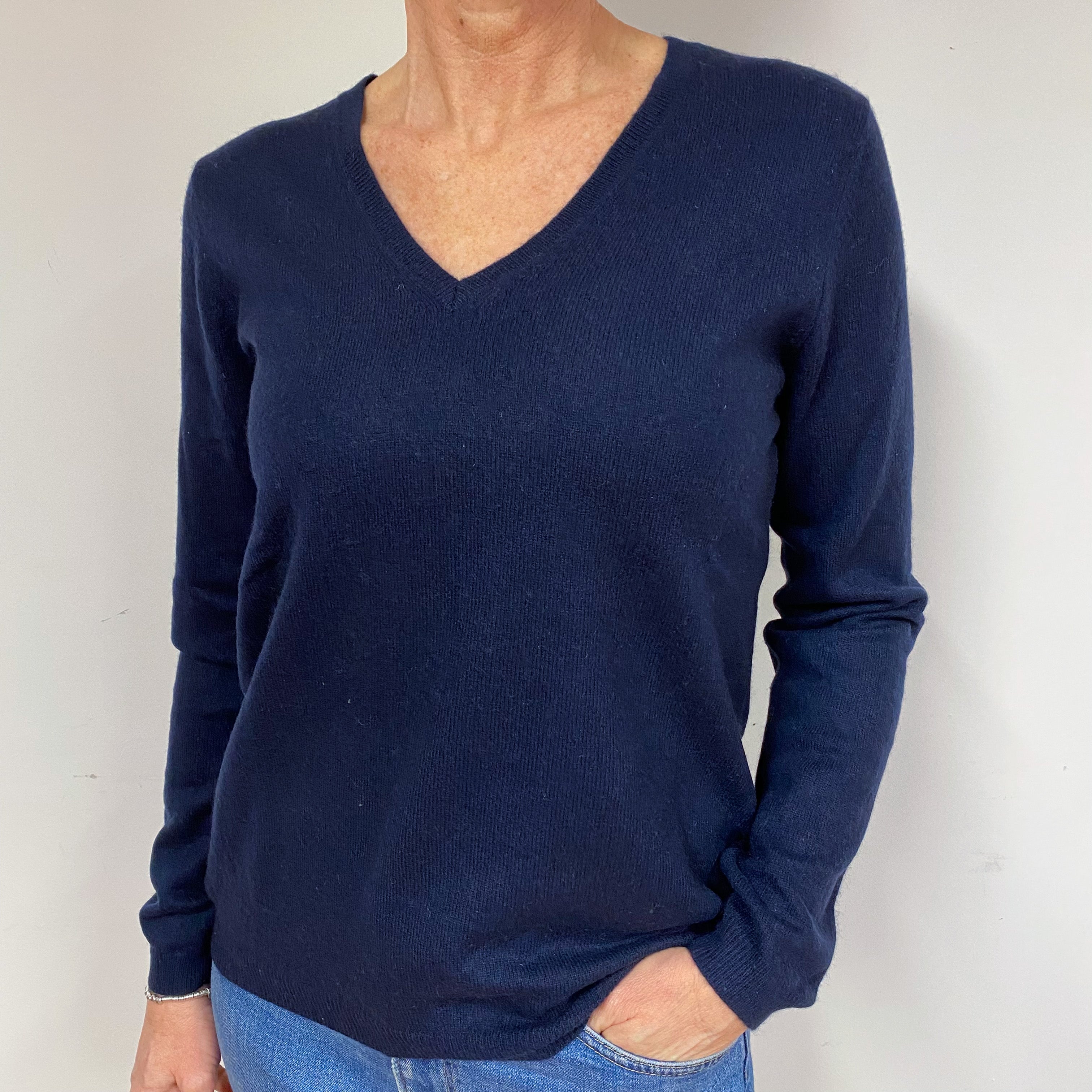 Navy Blue Cashmere V-Neck Jumper Medium