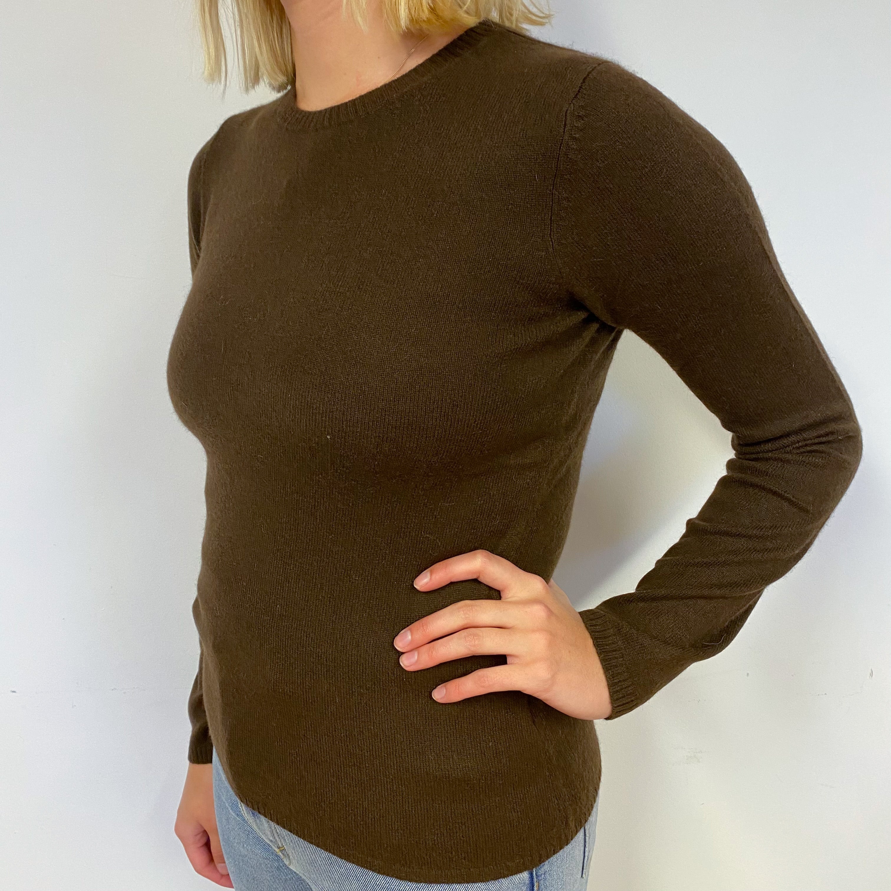 Dark Chocolate Brown Cashmere Crew Neck Jumper Small