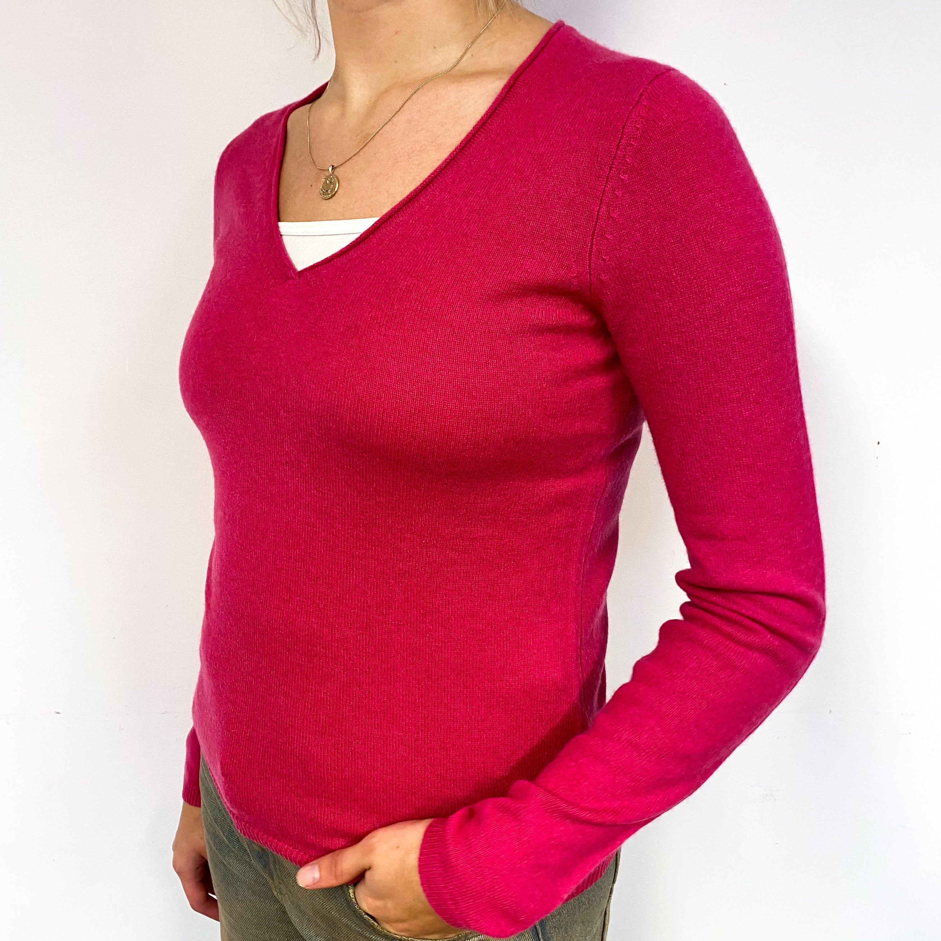 New Raspberry Pink Cashmere V-Neck Jumper Small