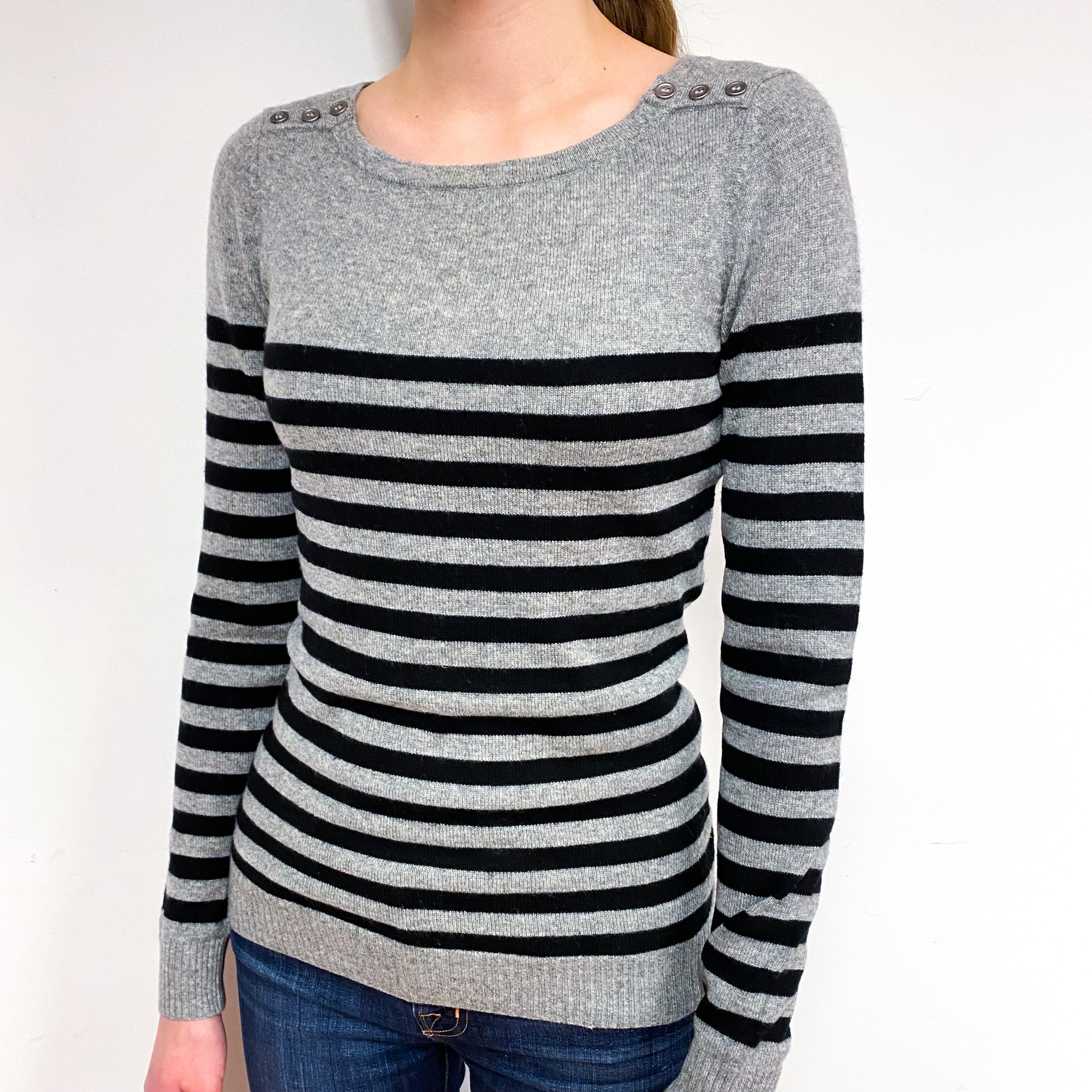 Grey Black Stripe Cashmere Crew Neck Jumper Extra Small