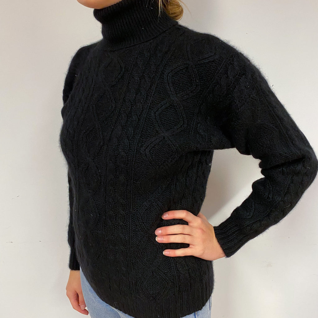 Black Chunky Cable Cashmere Polo Neck Jumper Small