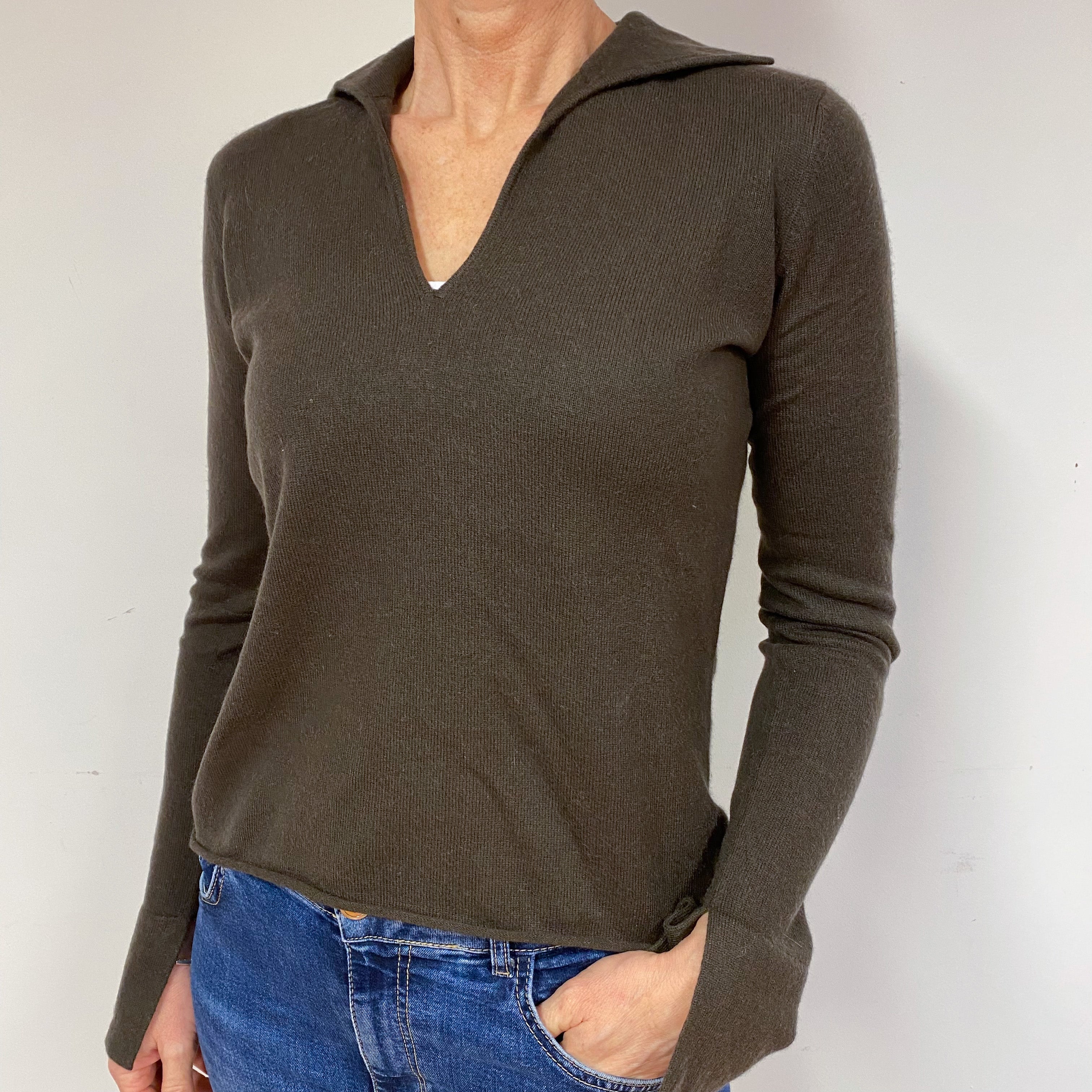 Peppercorn Brown Cashmere Collared V-Neck Jumper Medium
