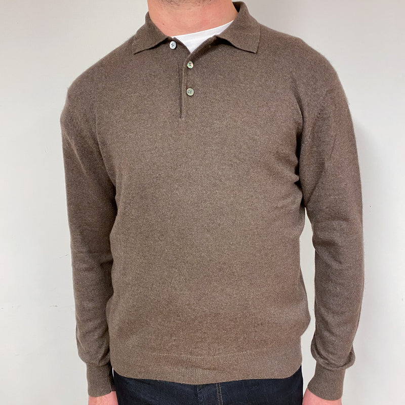 Men's Mole Brown Collared Cashmere 1/4 Button Jumper Extra Large