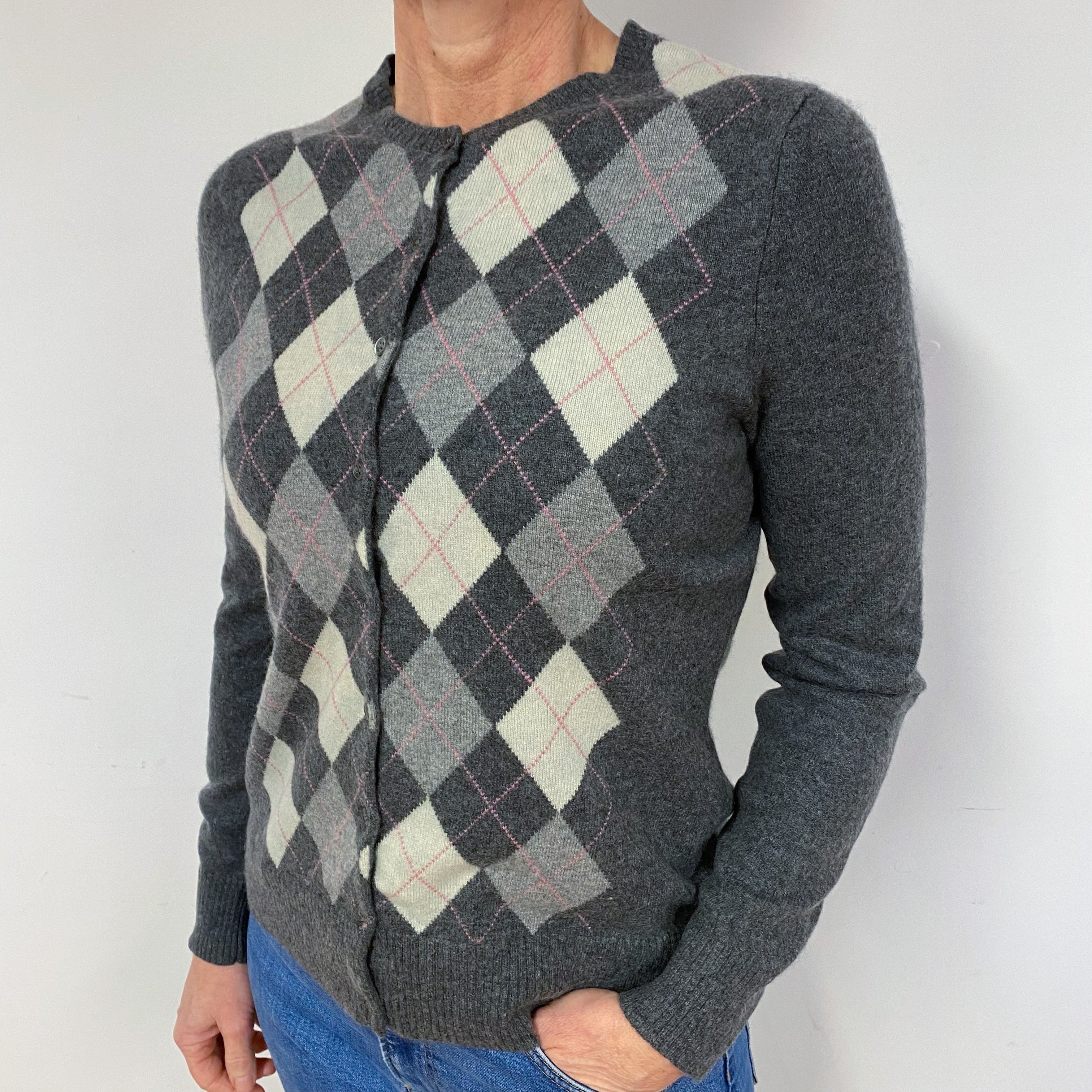 Grey Diamond Cashmere Crew Neck Cardigan Medium