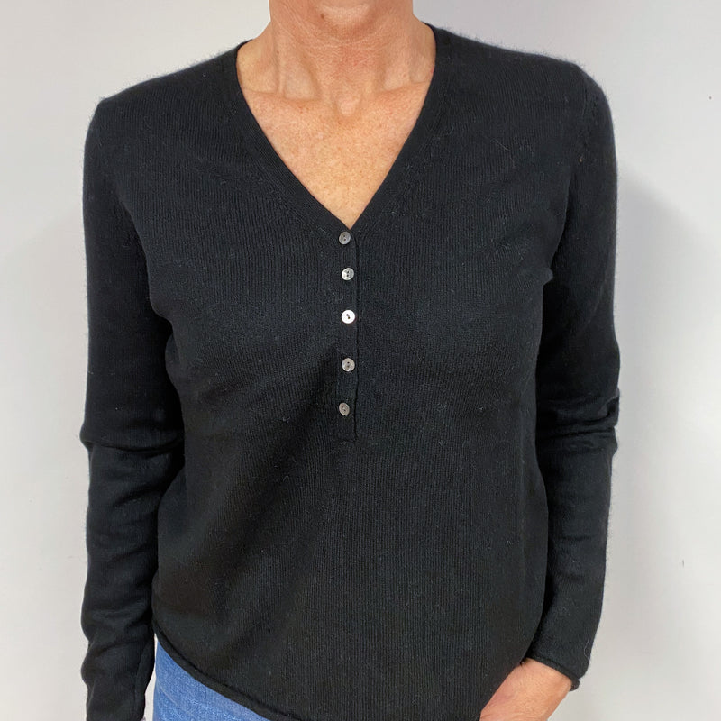 Black Buttoned Cashmere V-Neck Jumper Medium
