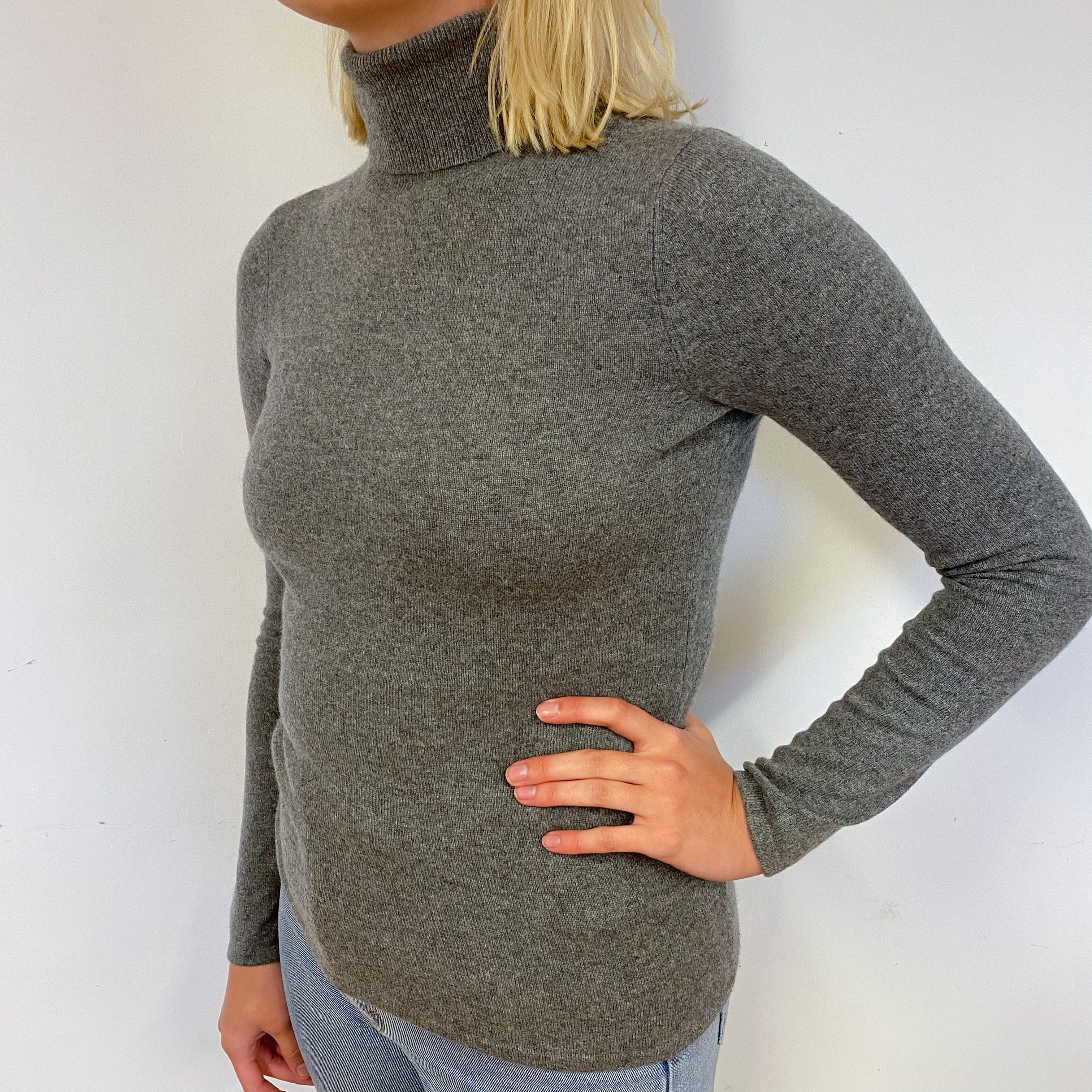 Steel Grey Cashmere Polo Neck Jumper Small