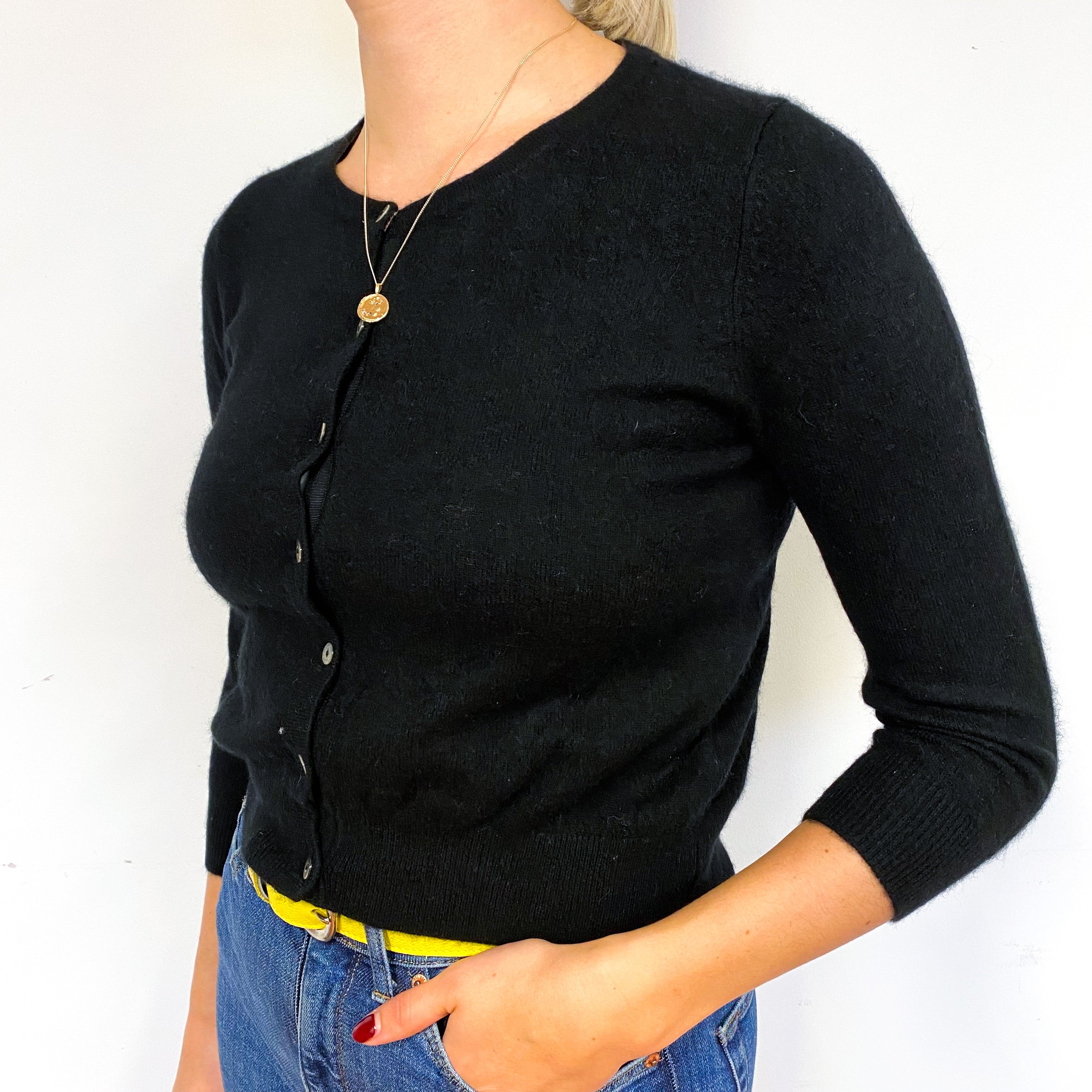 Black Cropped Cashmere Crew Neck Cardigan Small