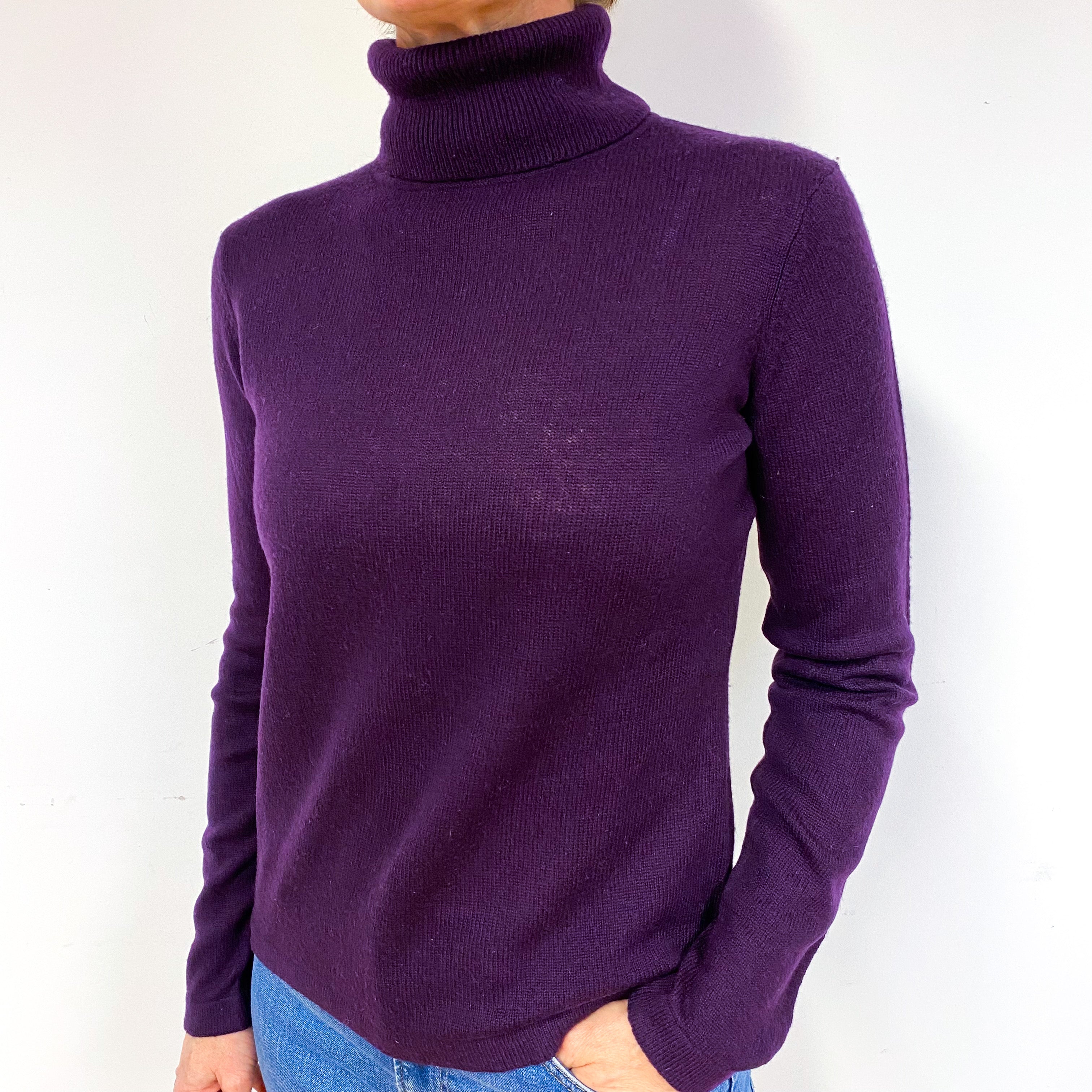 Deep Purple Lightweight Cashmere Polo Neck Jumper Medium