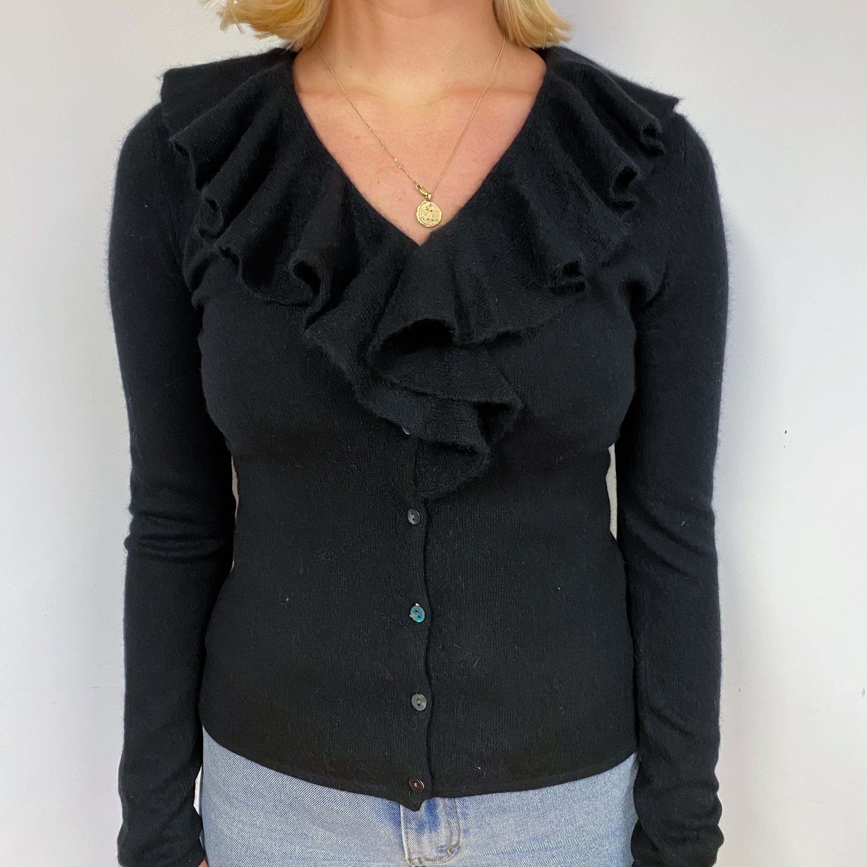 Black Ruffle Cashmere V-Neck Cardigan Small