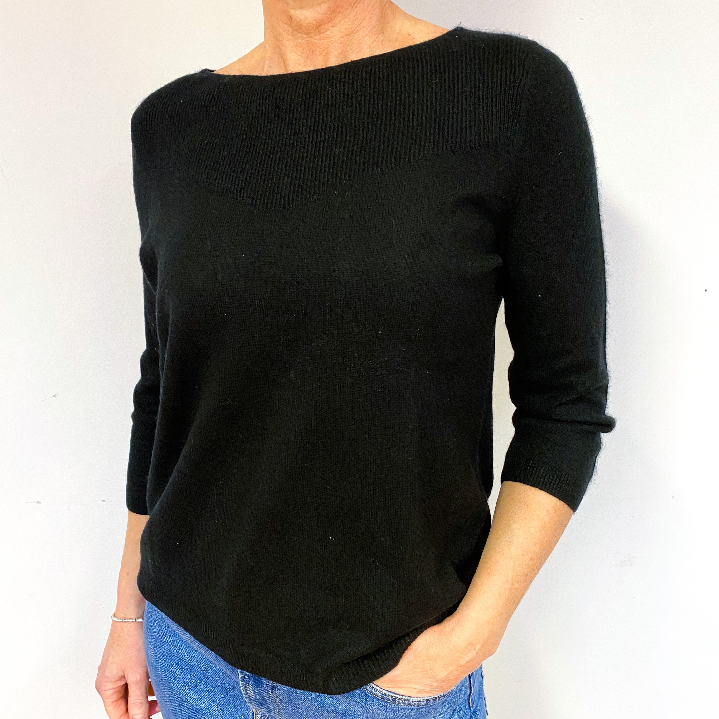 Black 3/4 Sleeve Cashmere Crew Neck Jumper Medium