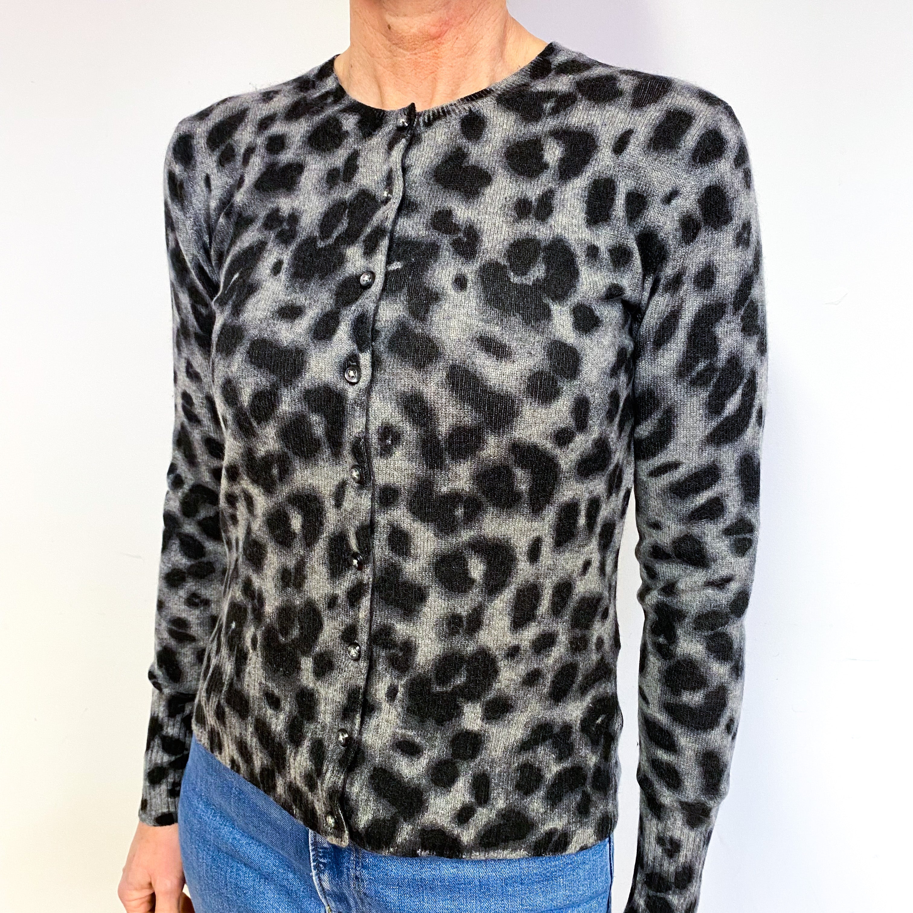 Grey Leopard Print Cashmere Crew Neck Cardigan Medium