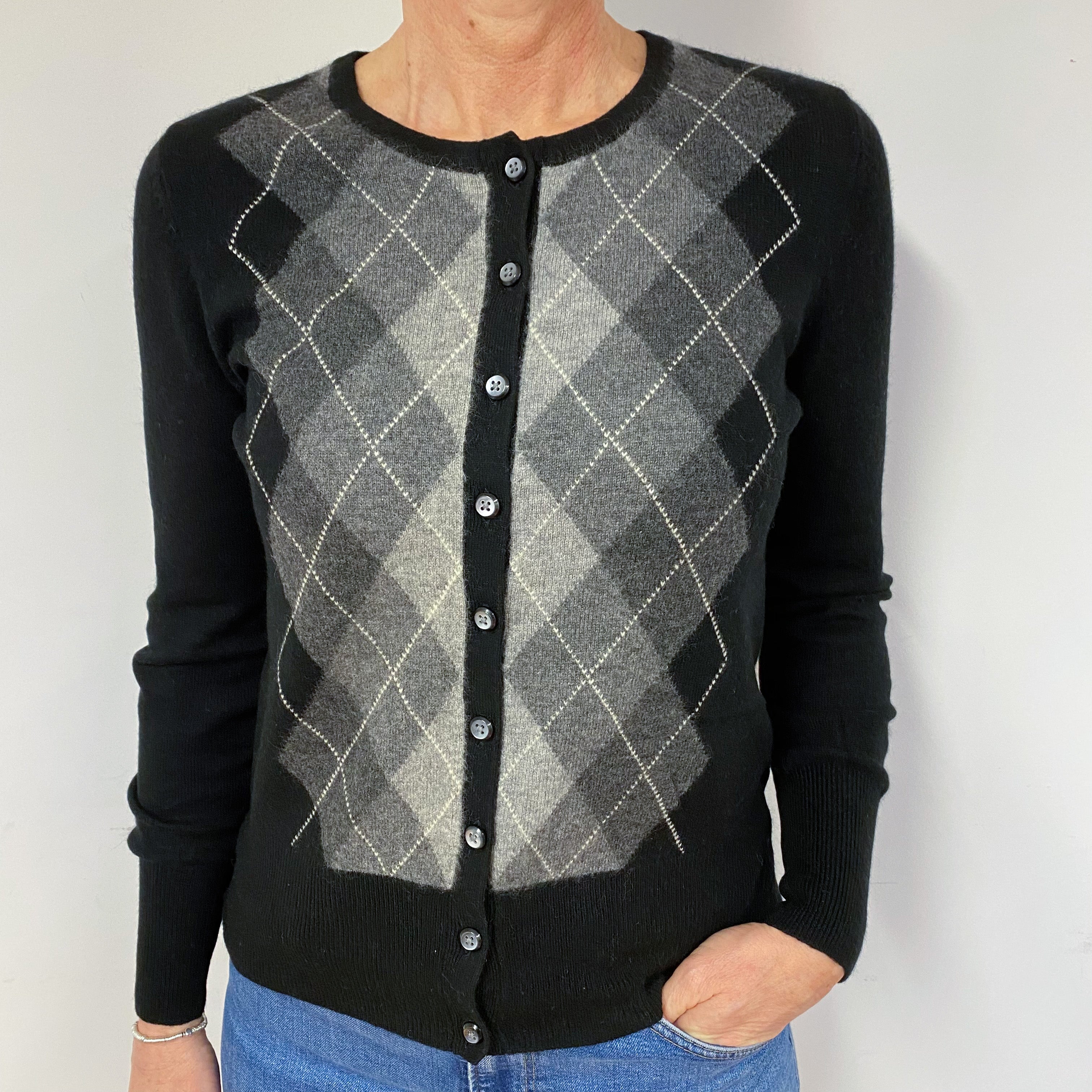 Black Grey Diamond Cashmere Crew Neck Cardigan Medium