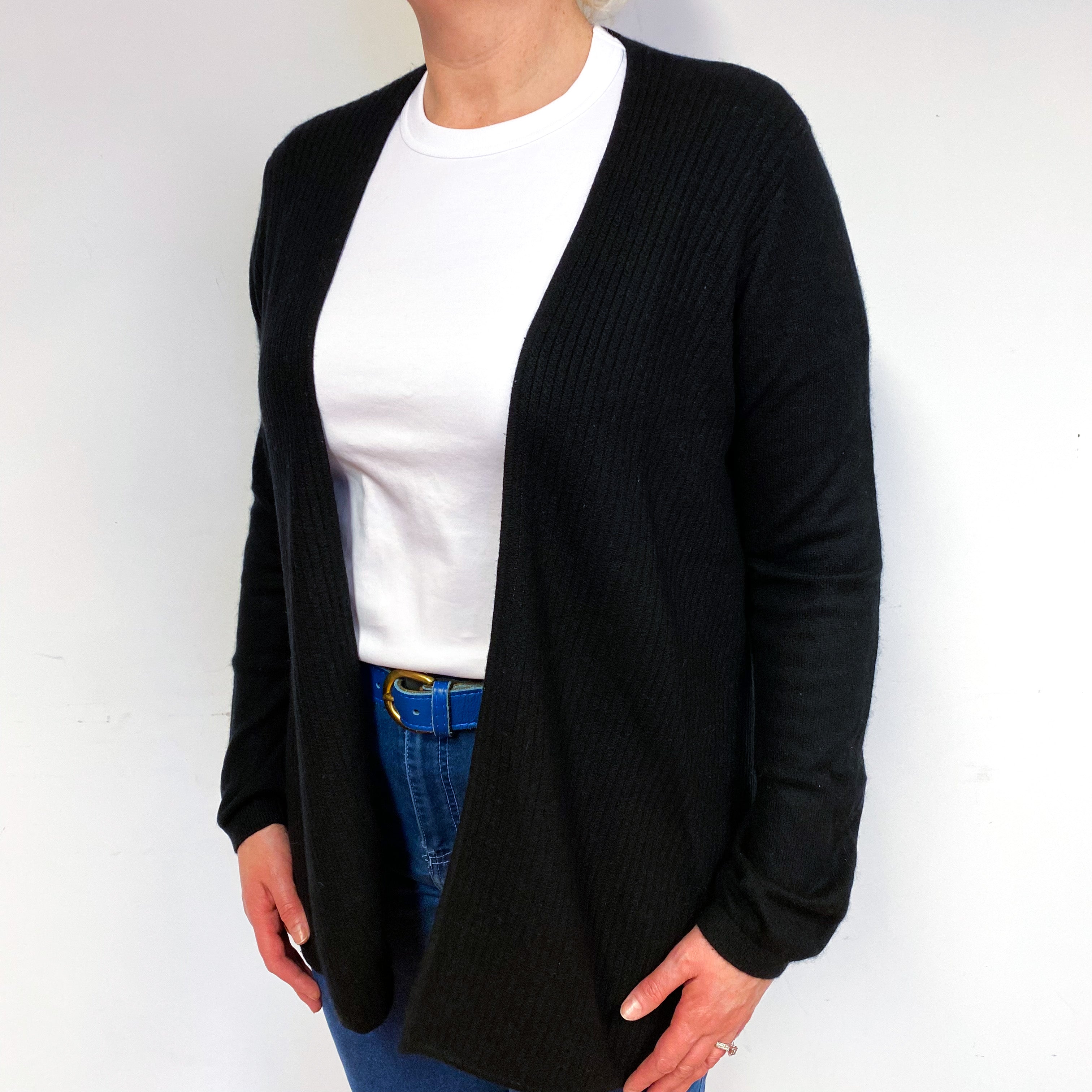 Black Ribbed Cashmere Waterfall Cardigan Large