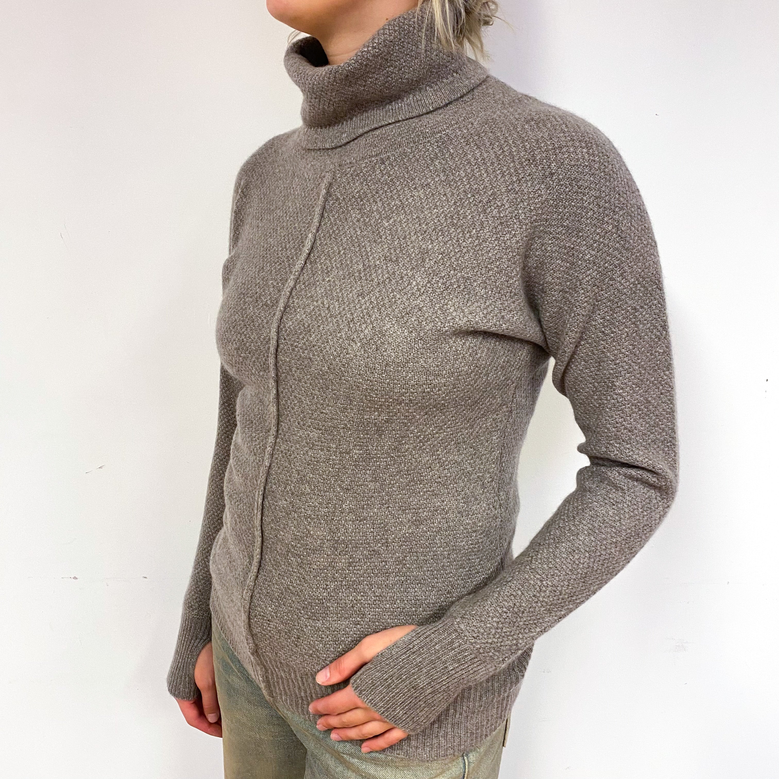 Taupe Brown Waffle Cashmere Polo Neck Jumper Small