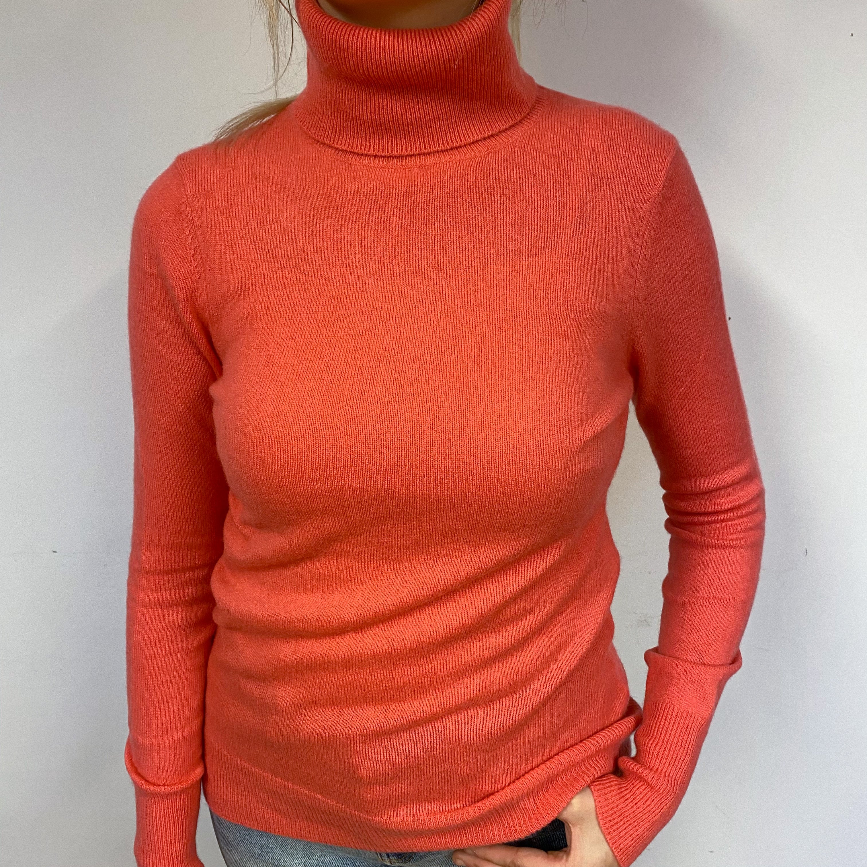 Deep Coral Pink Cashmere Polo Neck Jumper Small