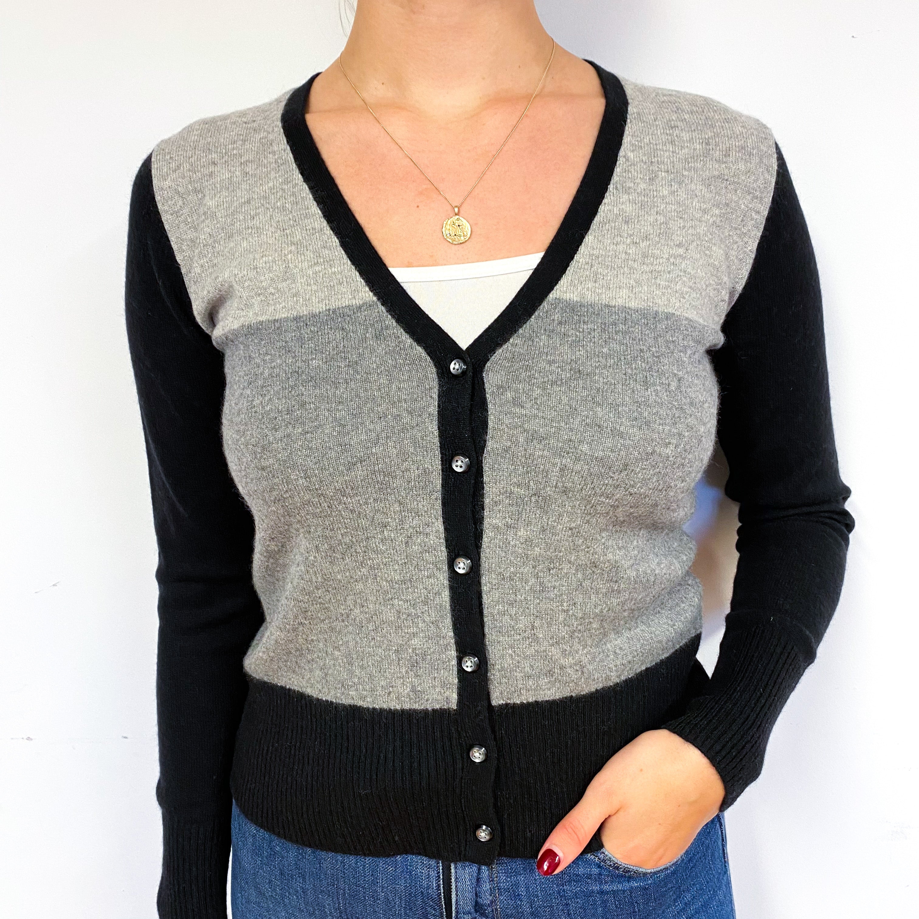 Grey Black Colour Block Cashmere V-Neck Cardigan Small
