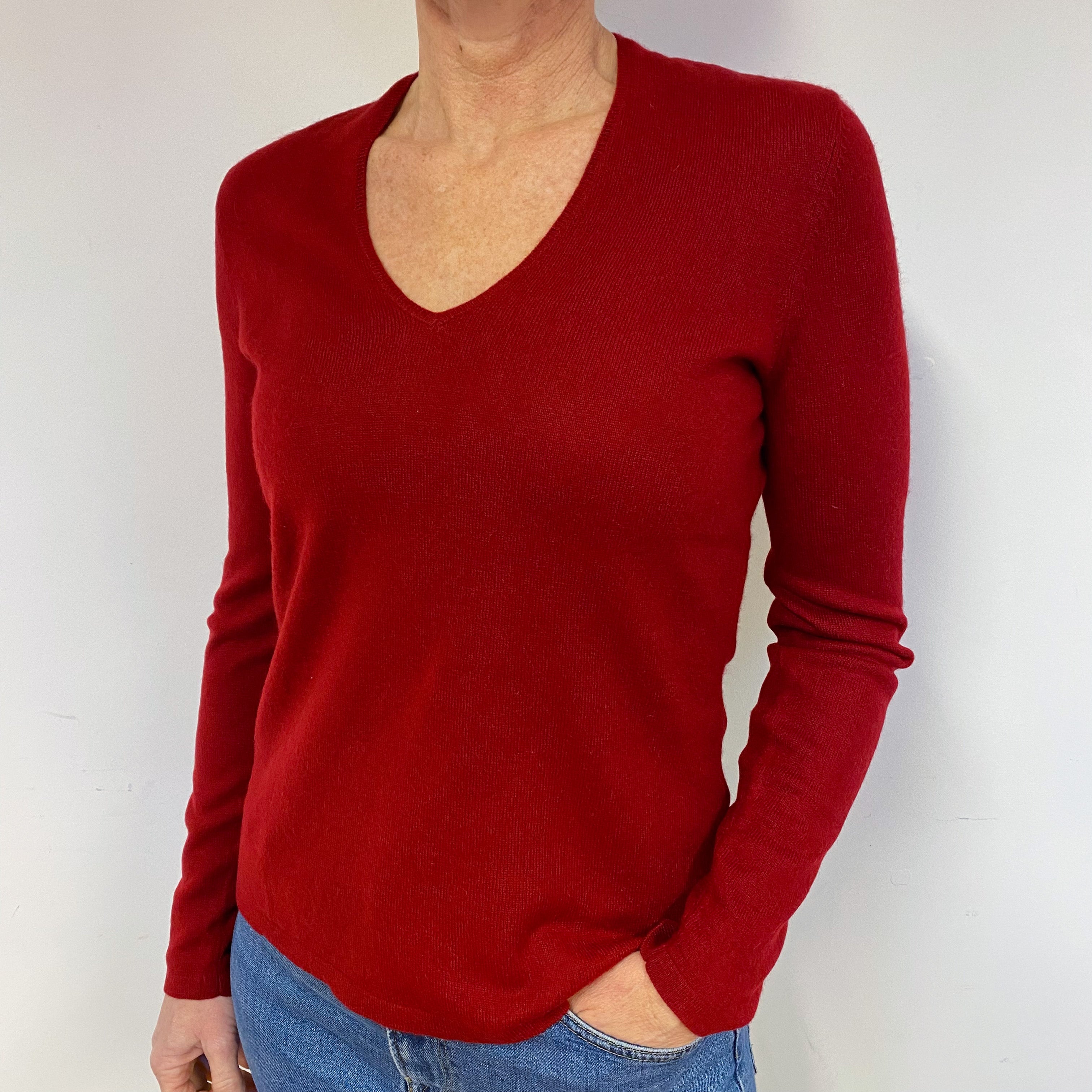 Burgundy Red Cashmere V-Neck Jumper Medium