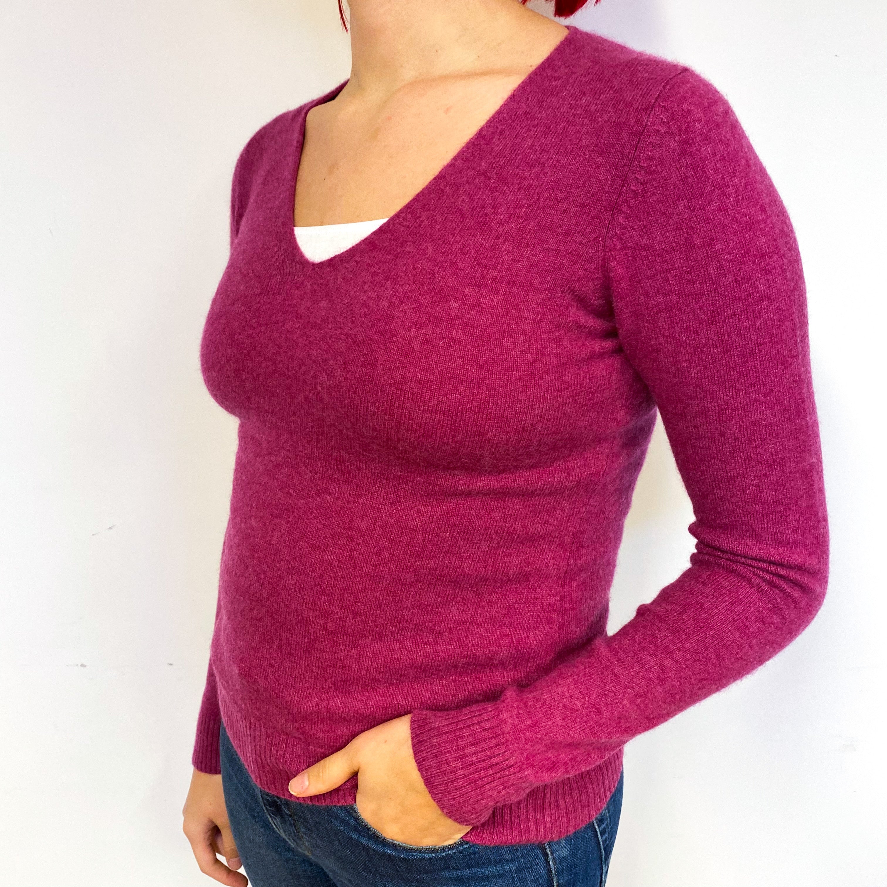 Magenta Pink Cashmere V-Neck Jumper Small