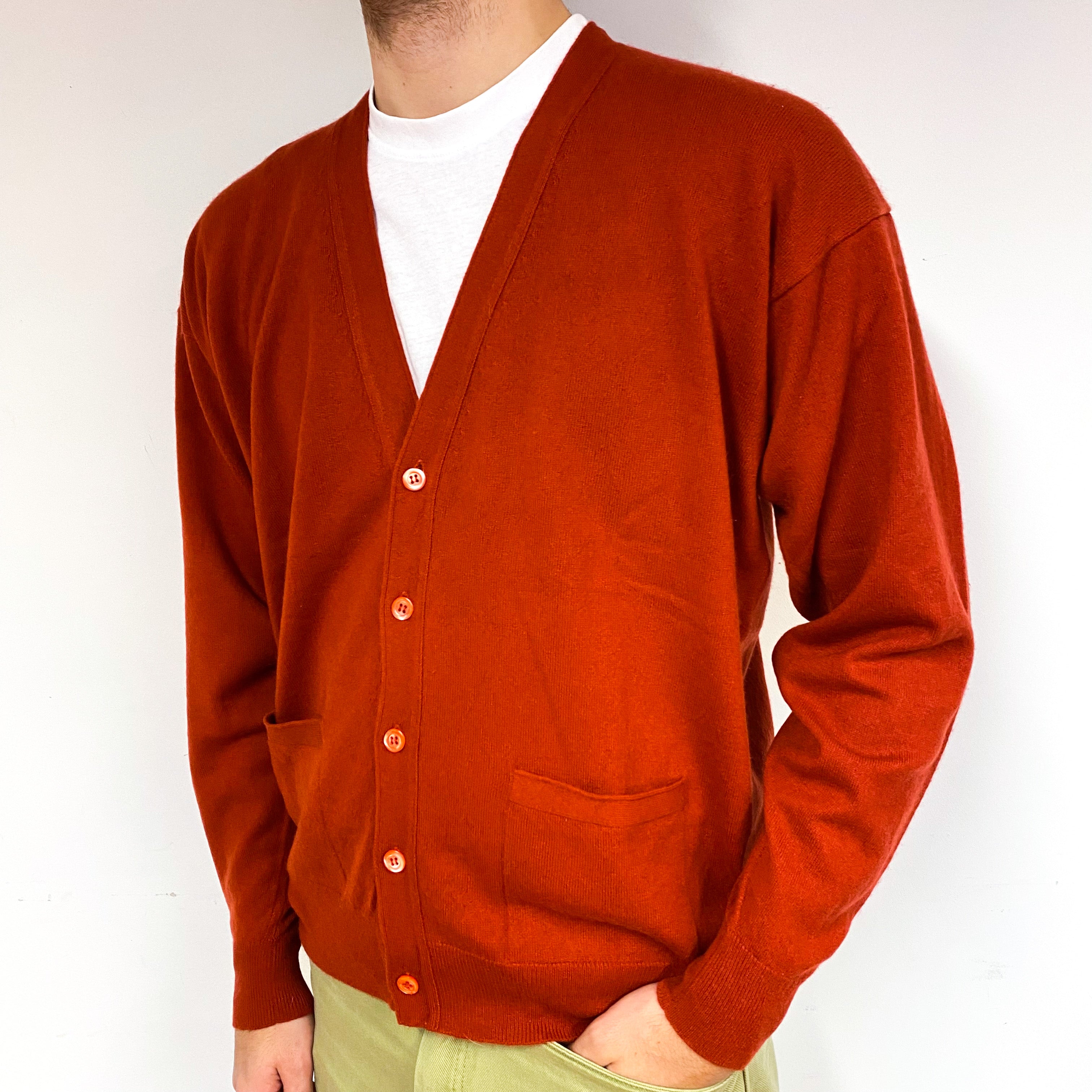 Men's Rust Red Cashmere V-Neck Cardigan Medium