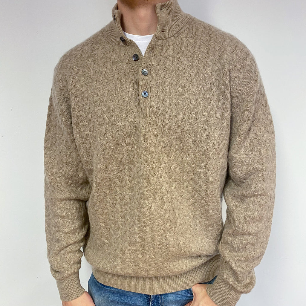 Men's Taupe Luxury Cable Cashmere Button Neck Jumper XL