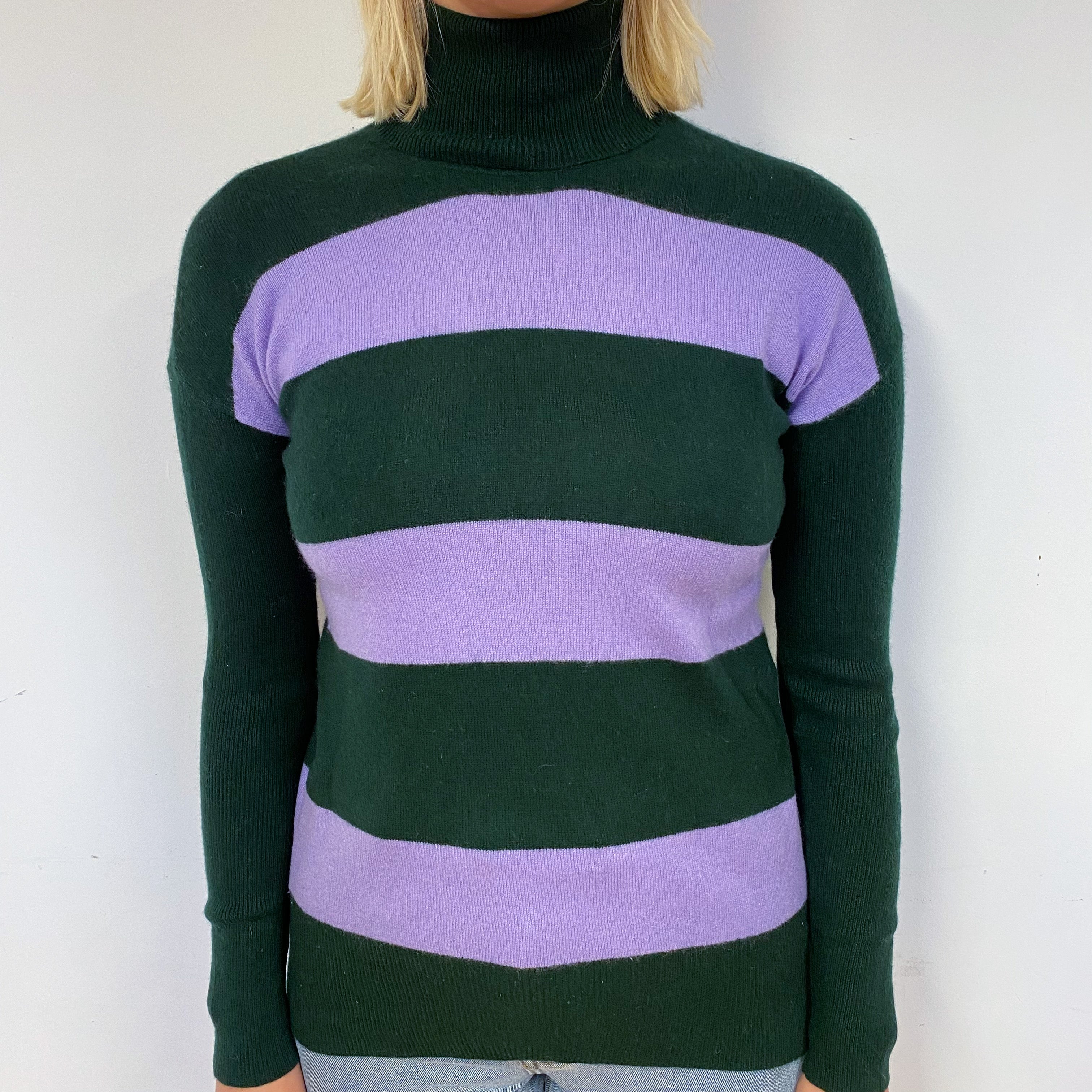Green and Purple Stripe Cashmere Polo Neck Jumper Small