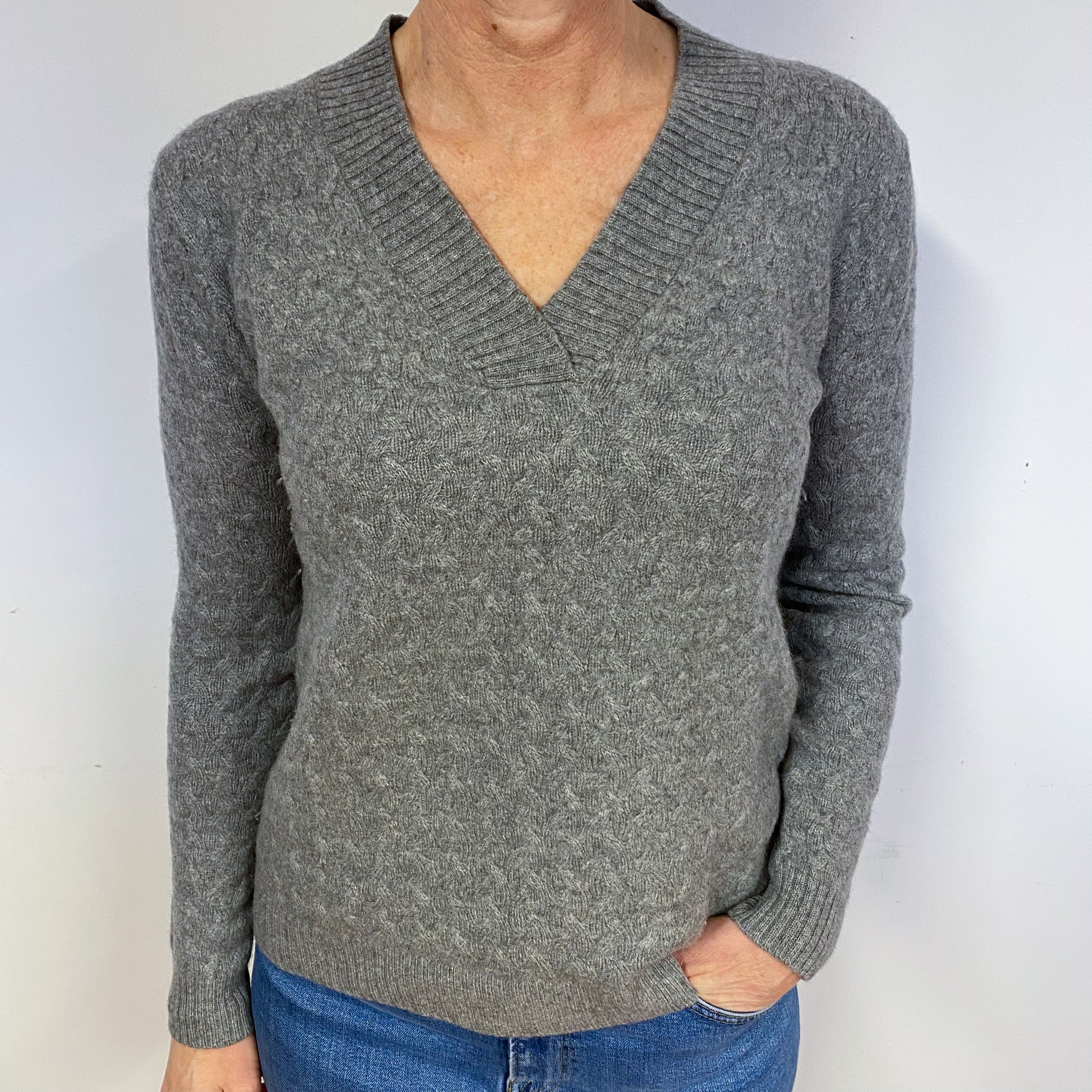 Steel Grey Cable Knit Cashmere V-Neck Jumper Medium