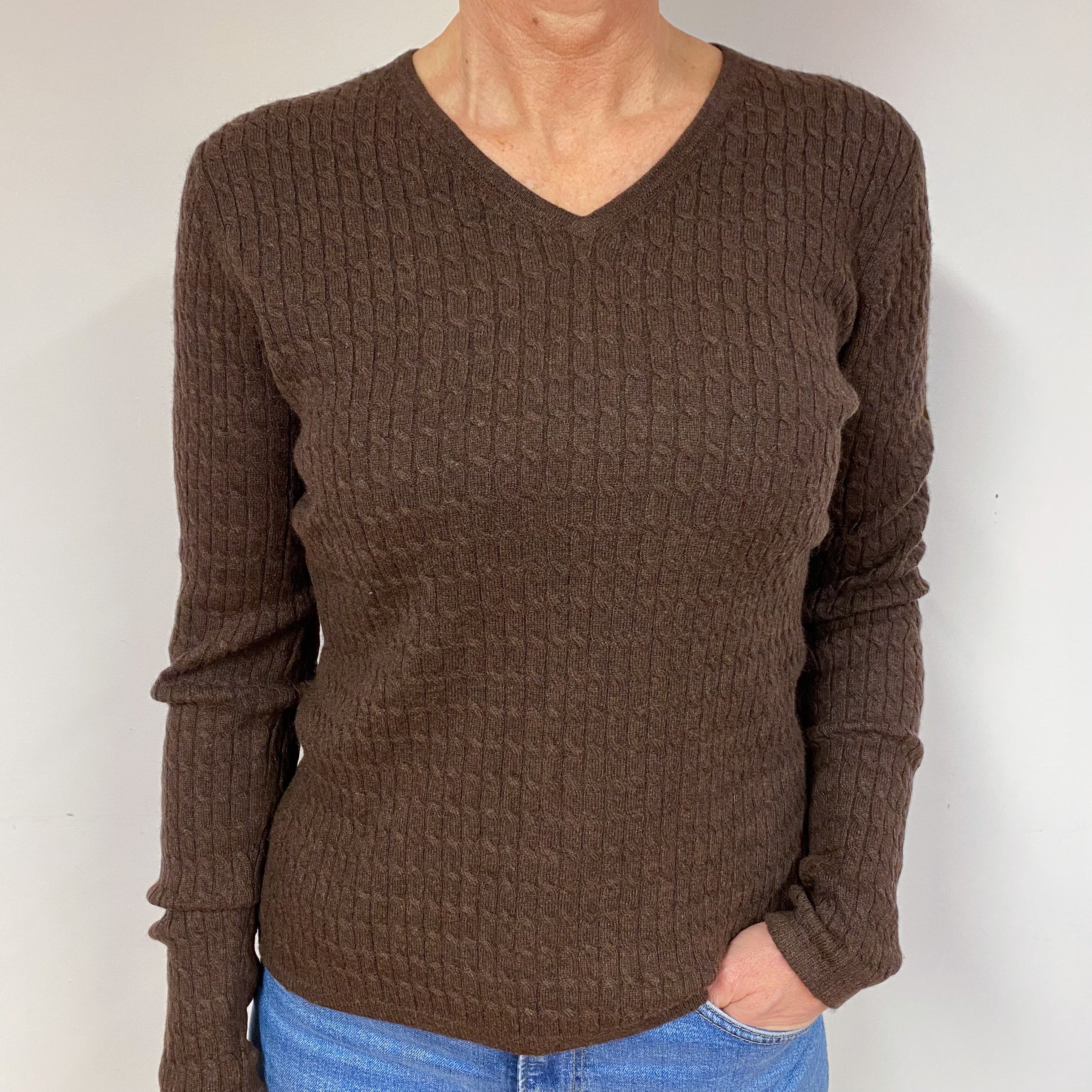 Chocolate Brown Cable Cashmere V-Neck Jumper Medium