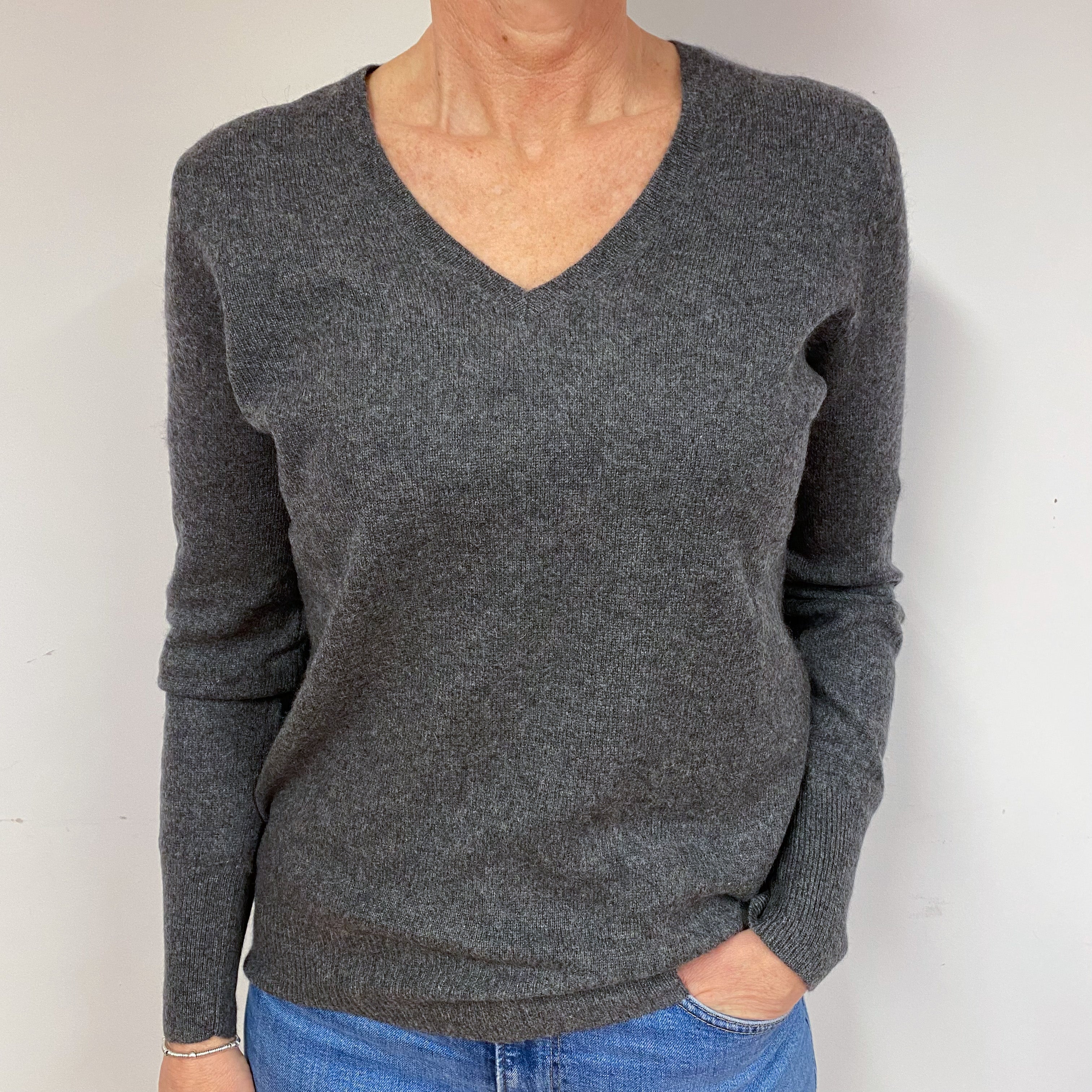 Slate Grey Cashmere V-Neck Jumper Medium
