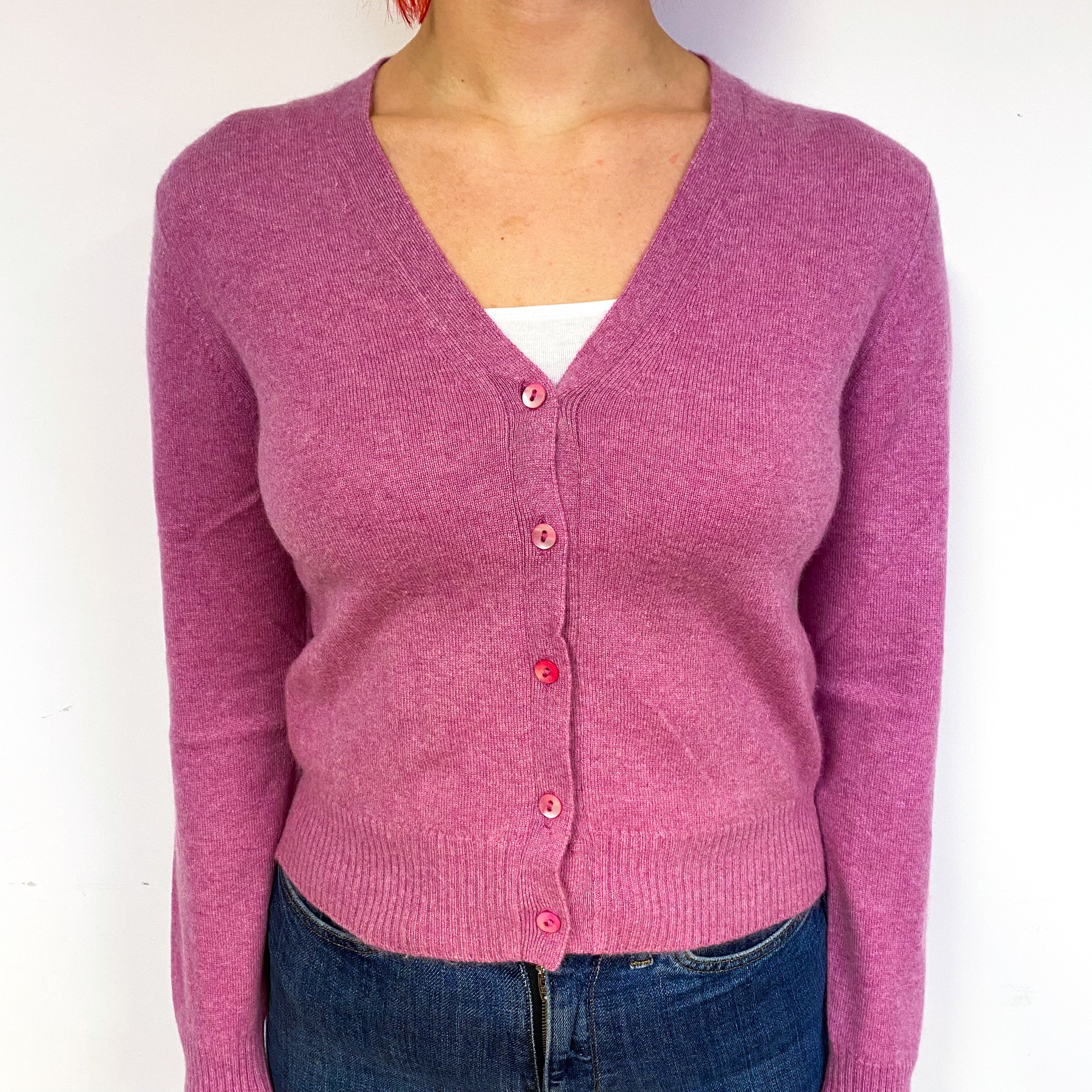 Brora Mauve Pink Cashmere V-Neck Cardigan Small