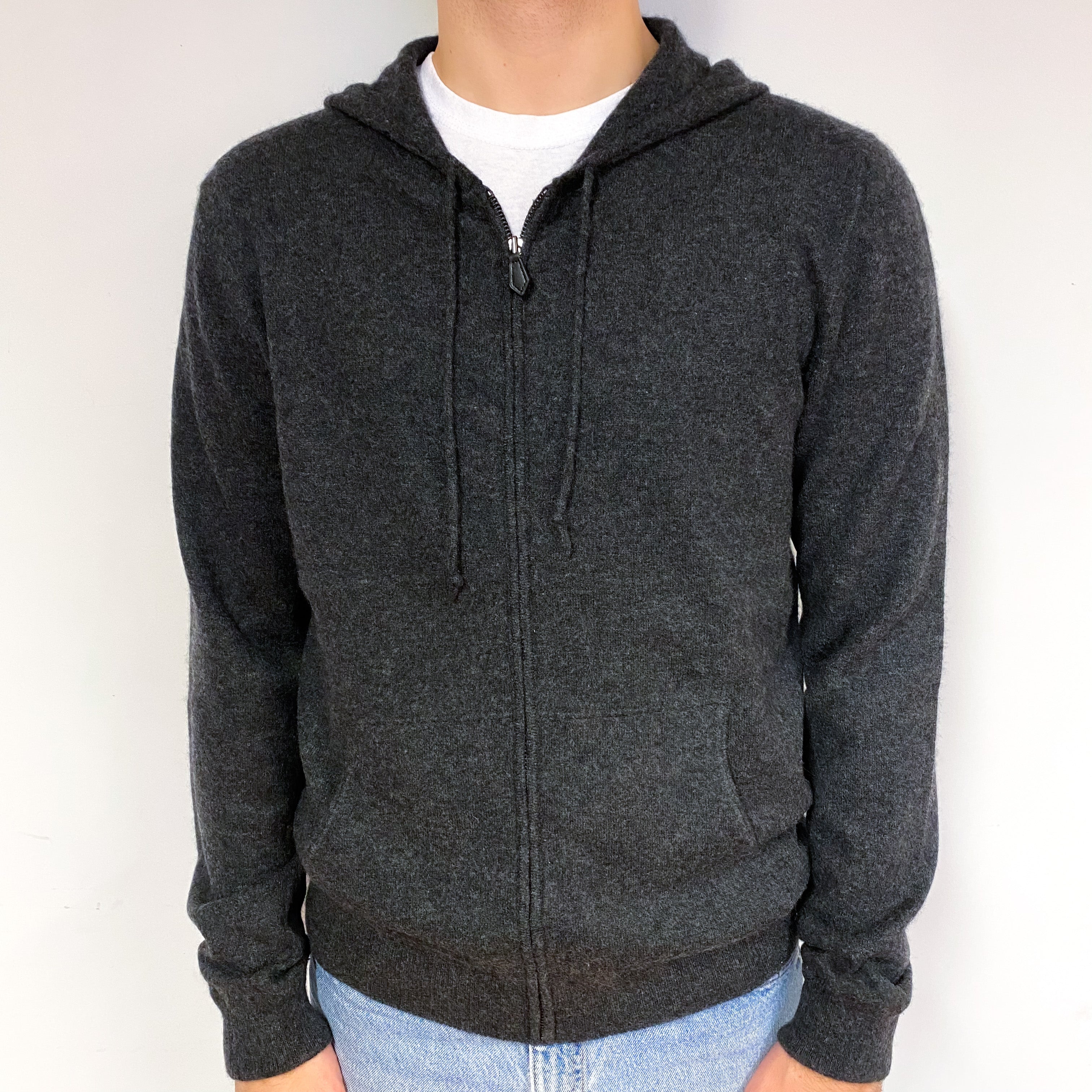 Men's Charcoal Grey Cashmere Hoodie Cardigan Large