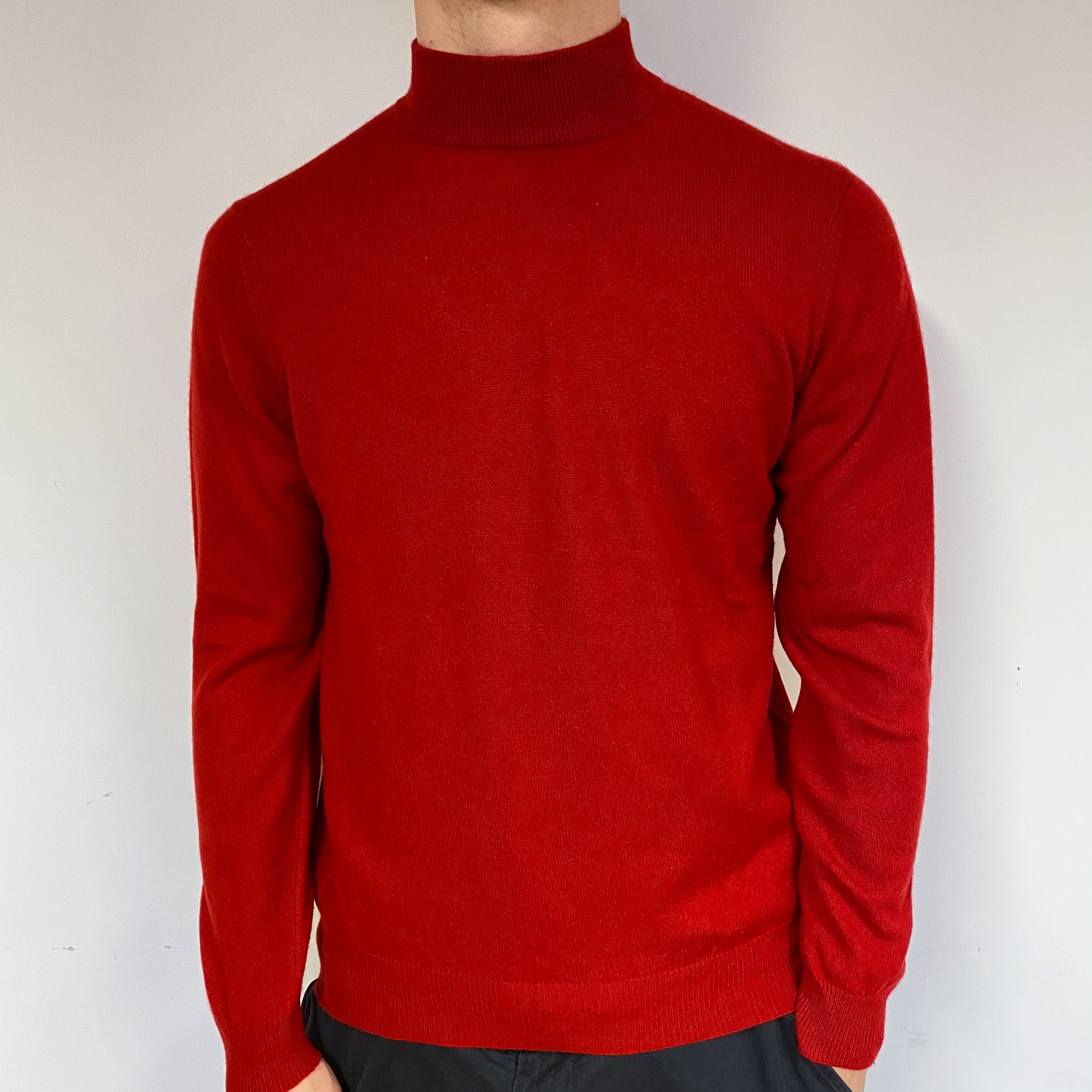 Men's Crimson Red Cashmere Turtle Neck Jumper Medium