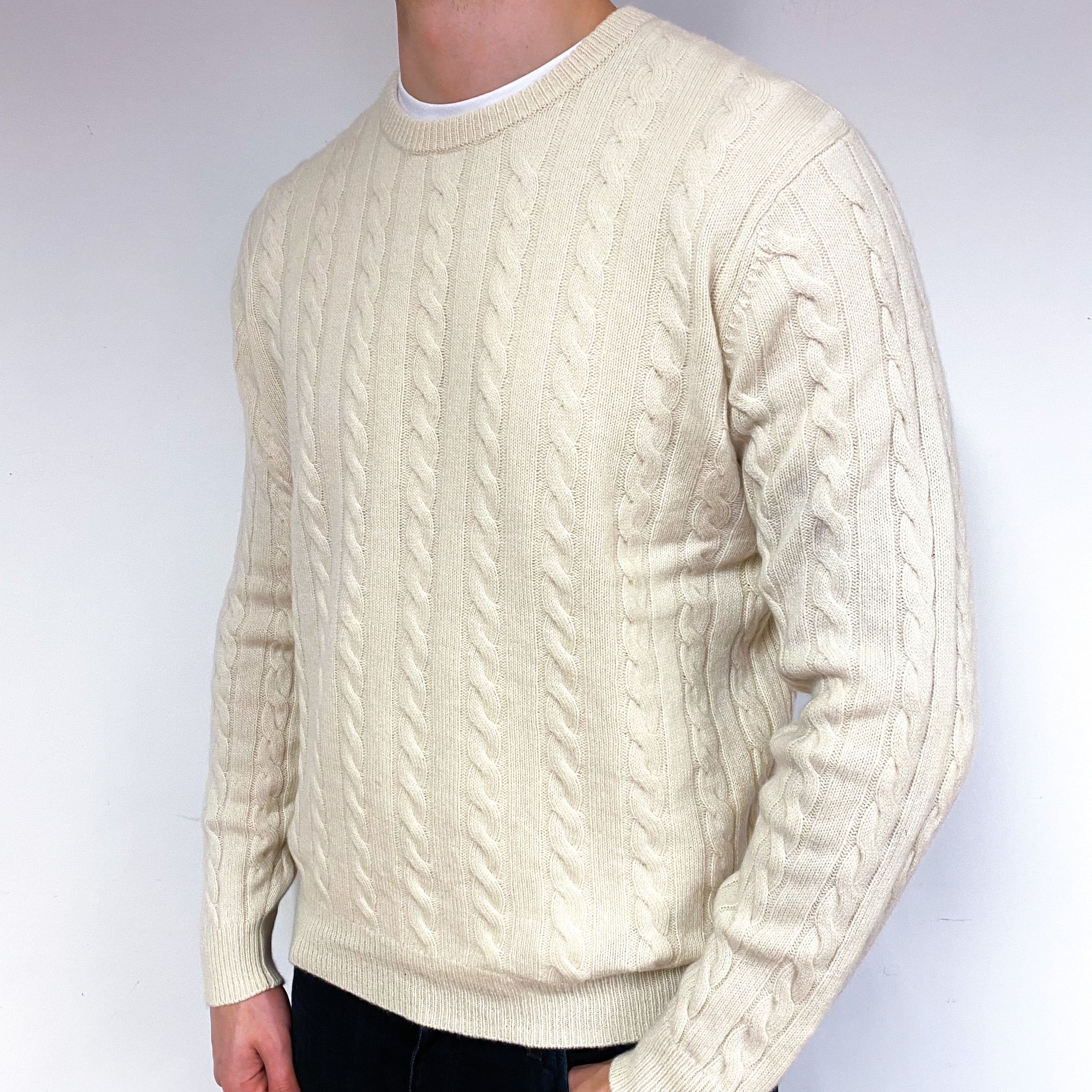 Men's Cream Cable Cashmere Crew Neck Jumper Extra Large