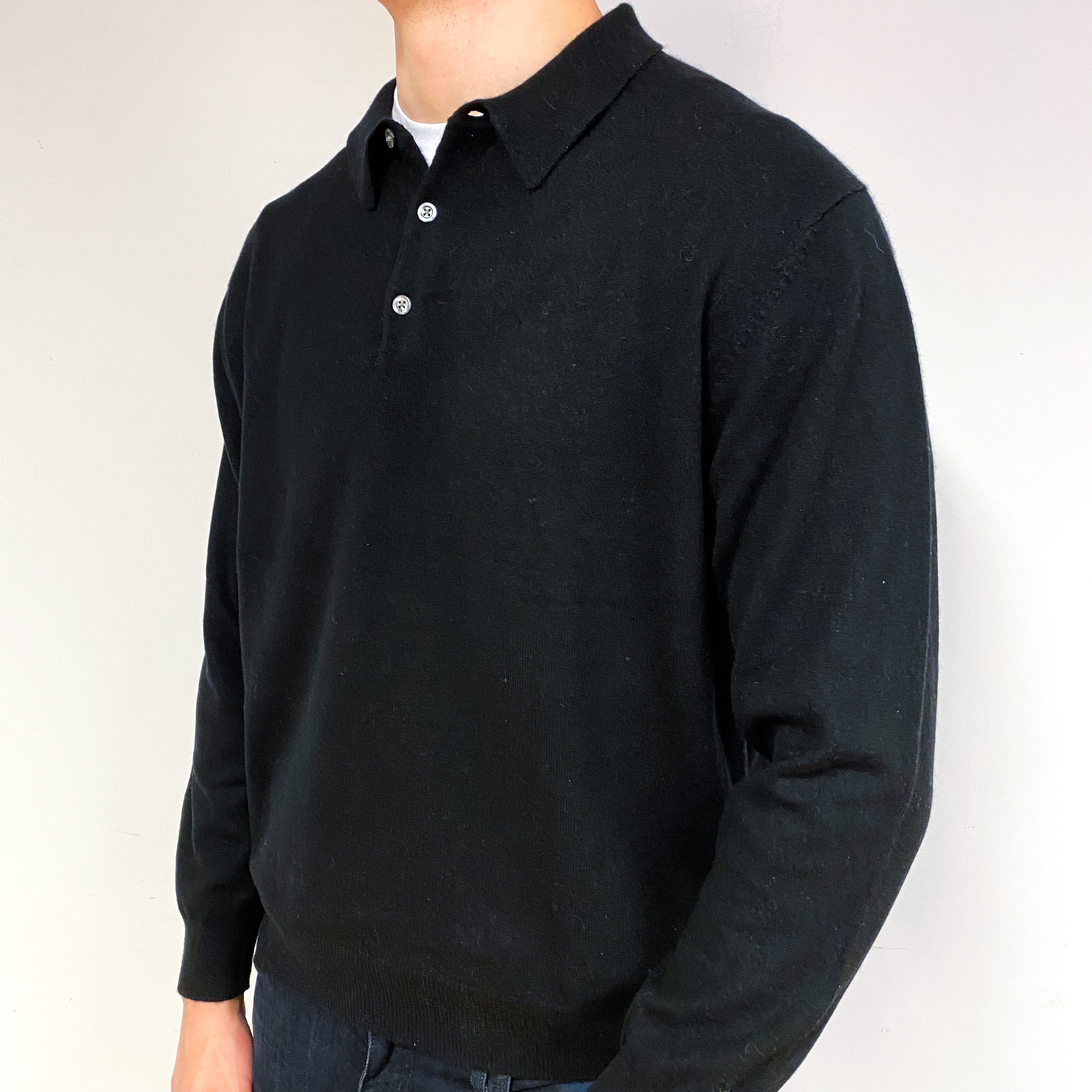 Men's Black Cashmere 1/4 Button Jumper Extra Large