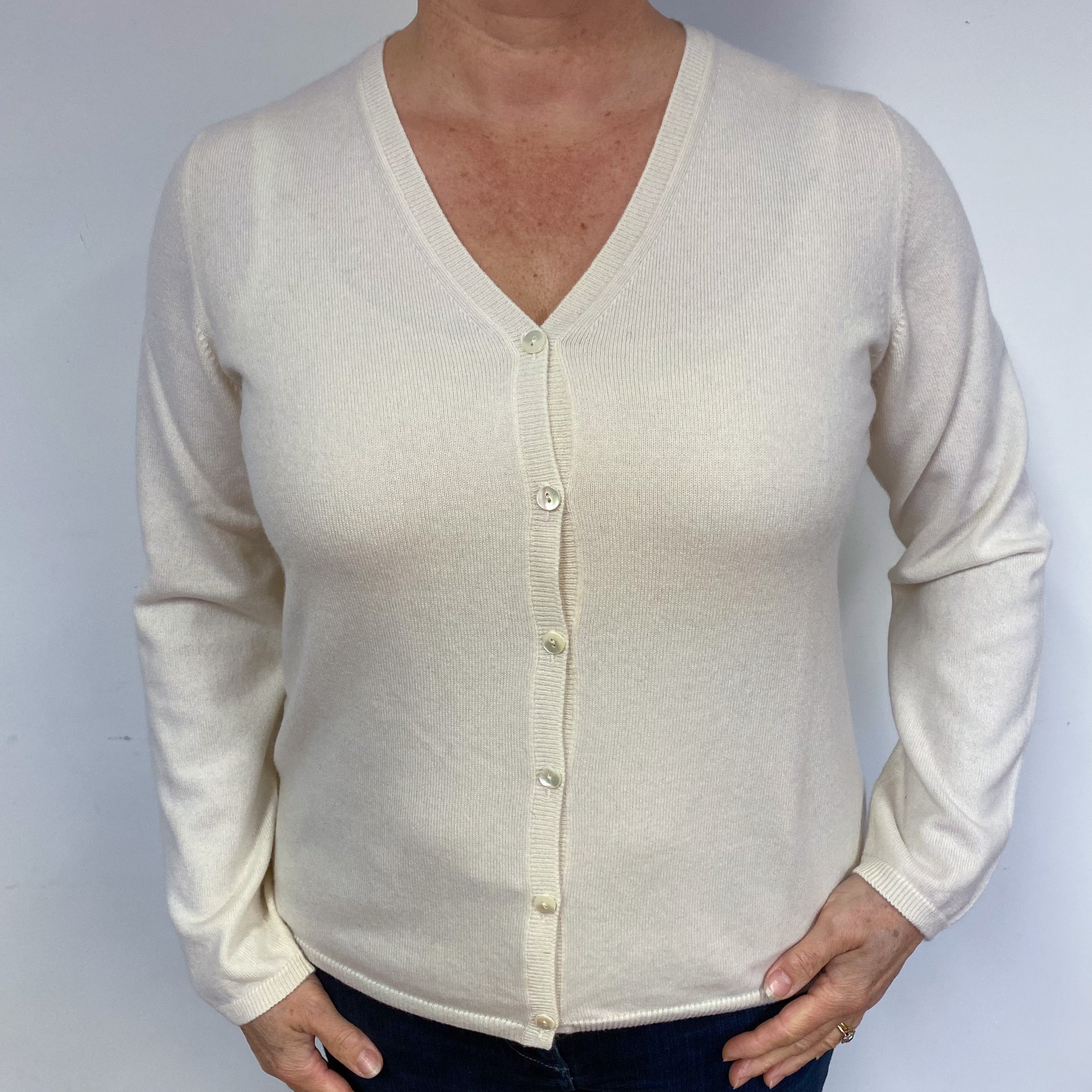 Ivory Cream V Neck Cashmere Cardigan Large