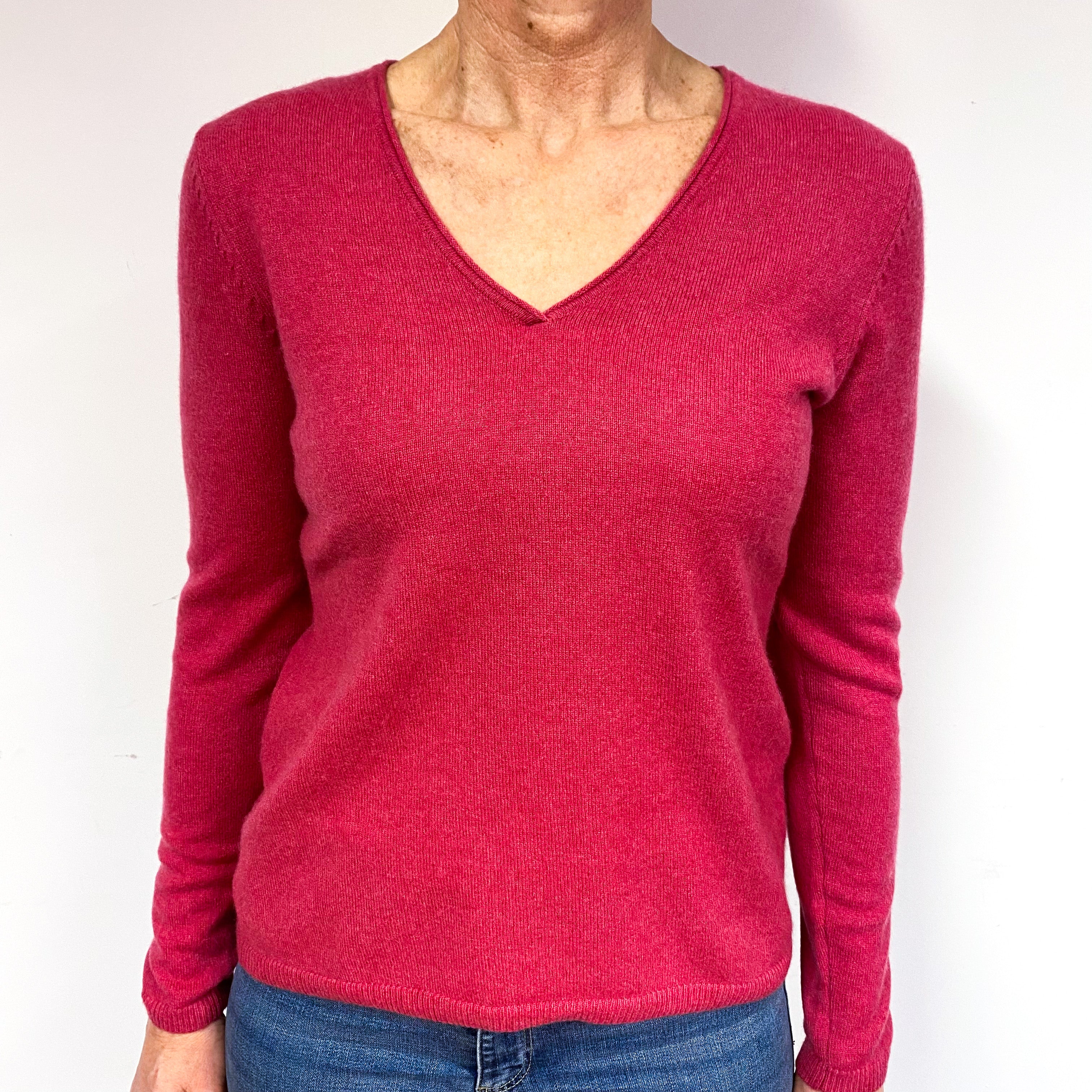 Raspberry Pink Cashmere V-Neck Jumper Medium