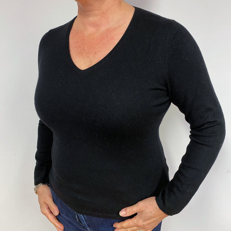 Black Cashmere V-Neck Jumper Large Slim