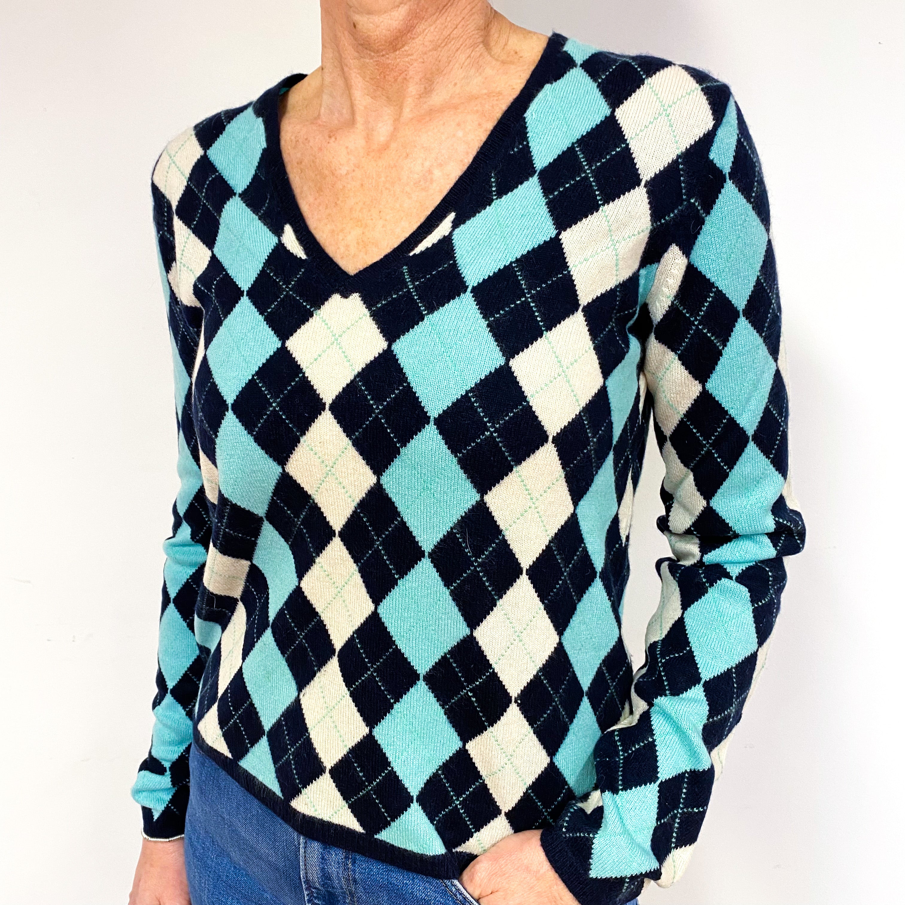 Navy Blue Aqua Diamond Cashmere V-Neck Jumper Medium