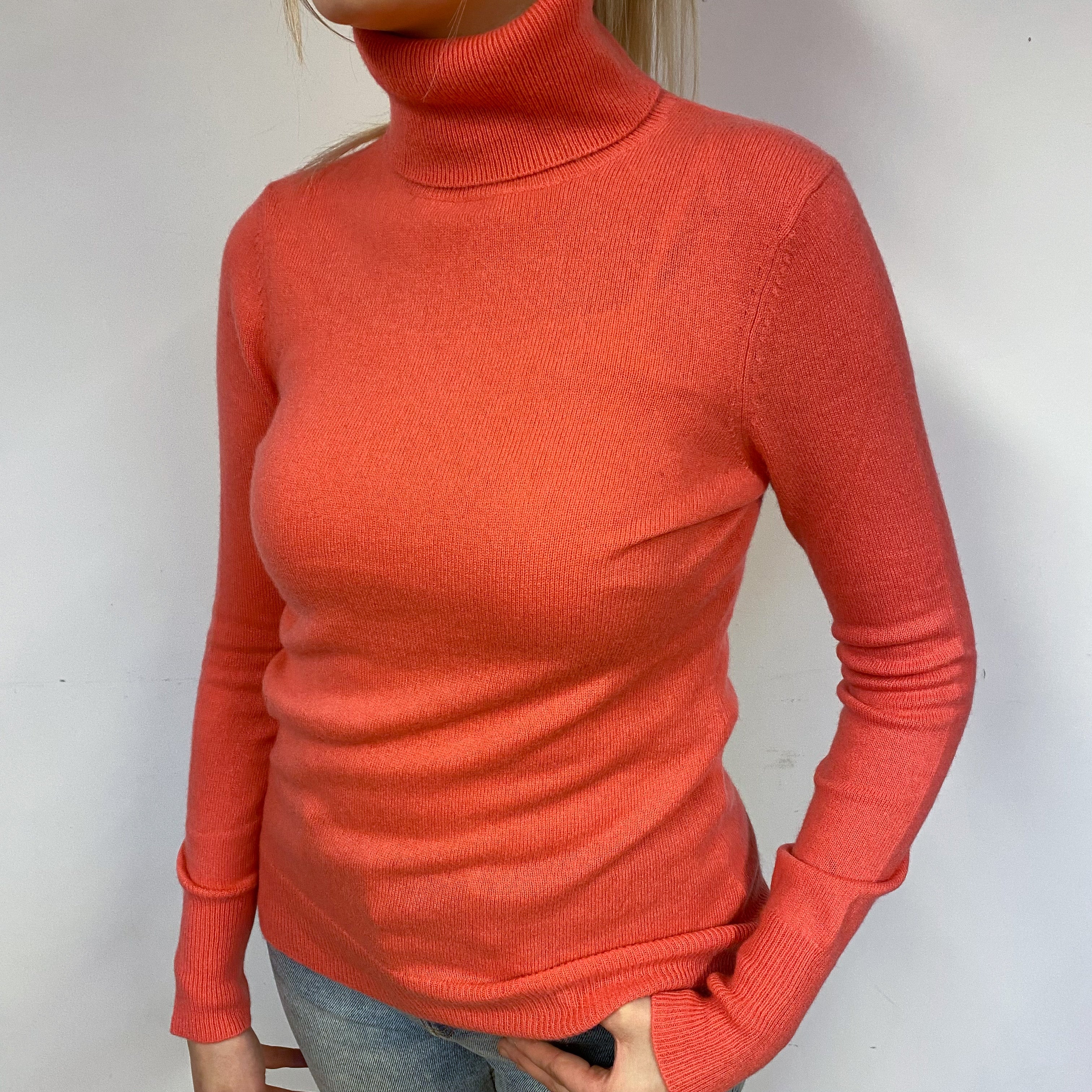 Deep Coral Pink Cashmere Polo Neck Jumper Small