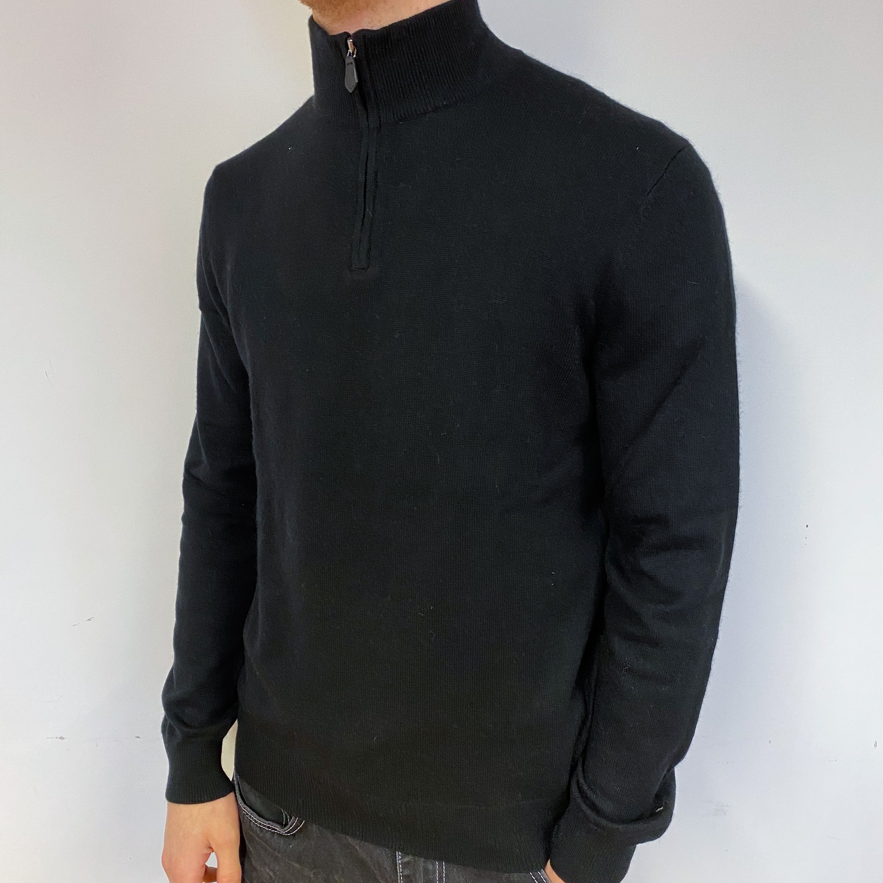 Men's Black Cashmere 1/4 Zip Jumper Medium