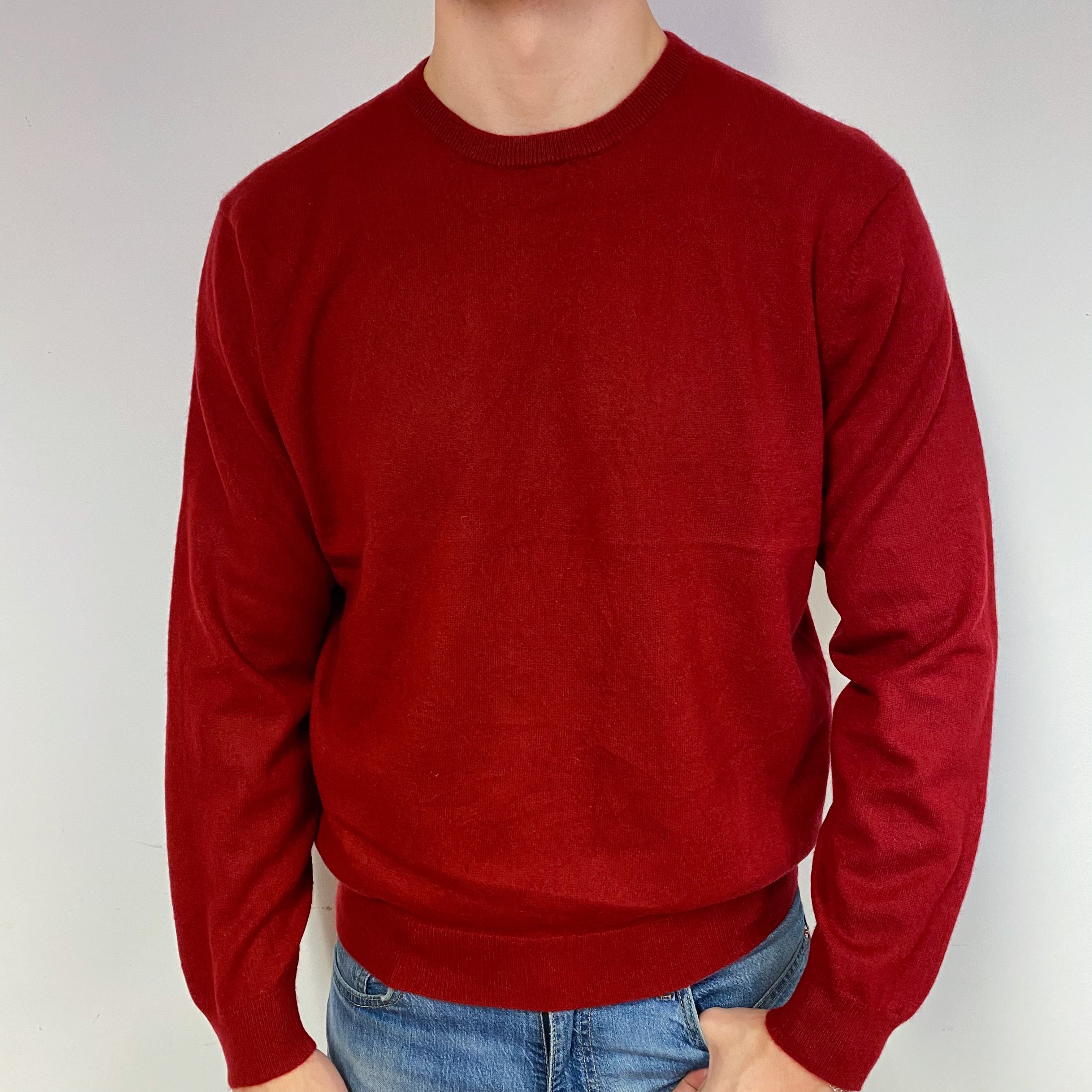 Men's Crimson Red Cashmere Crew Neck Jumper Extra Large