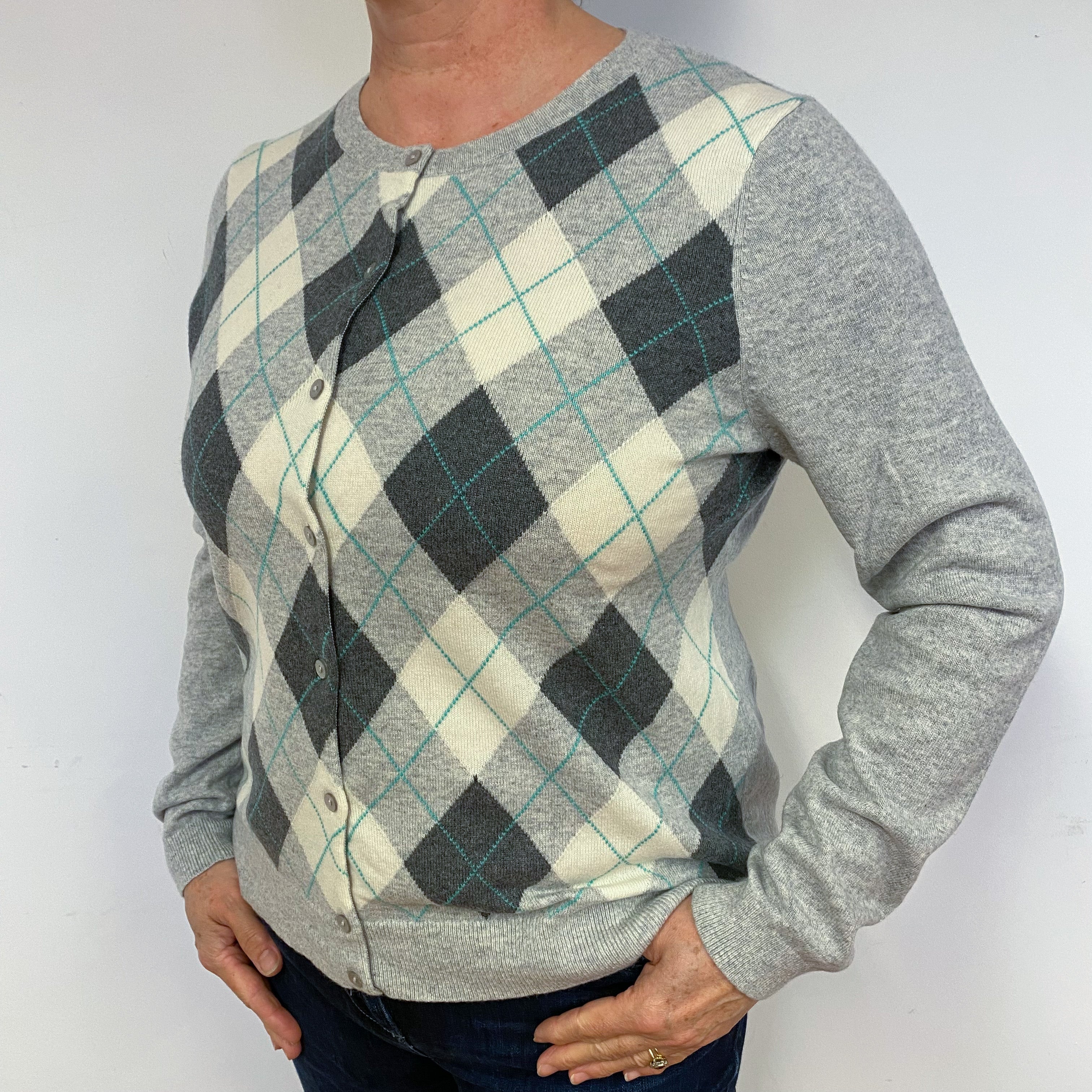 Smoke Grey Cream Argyle Cashmere Crew Neck Cardigan