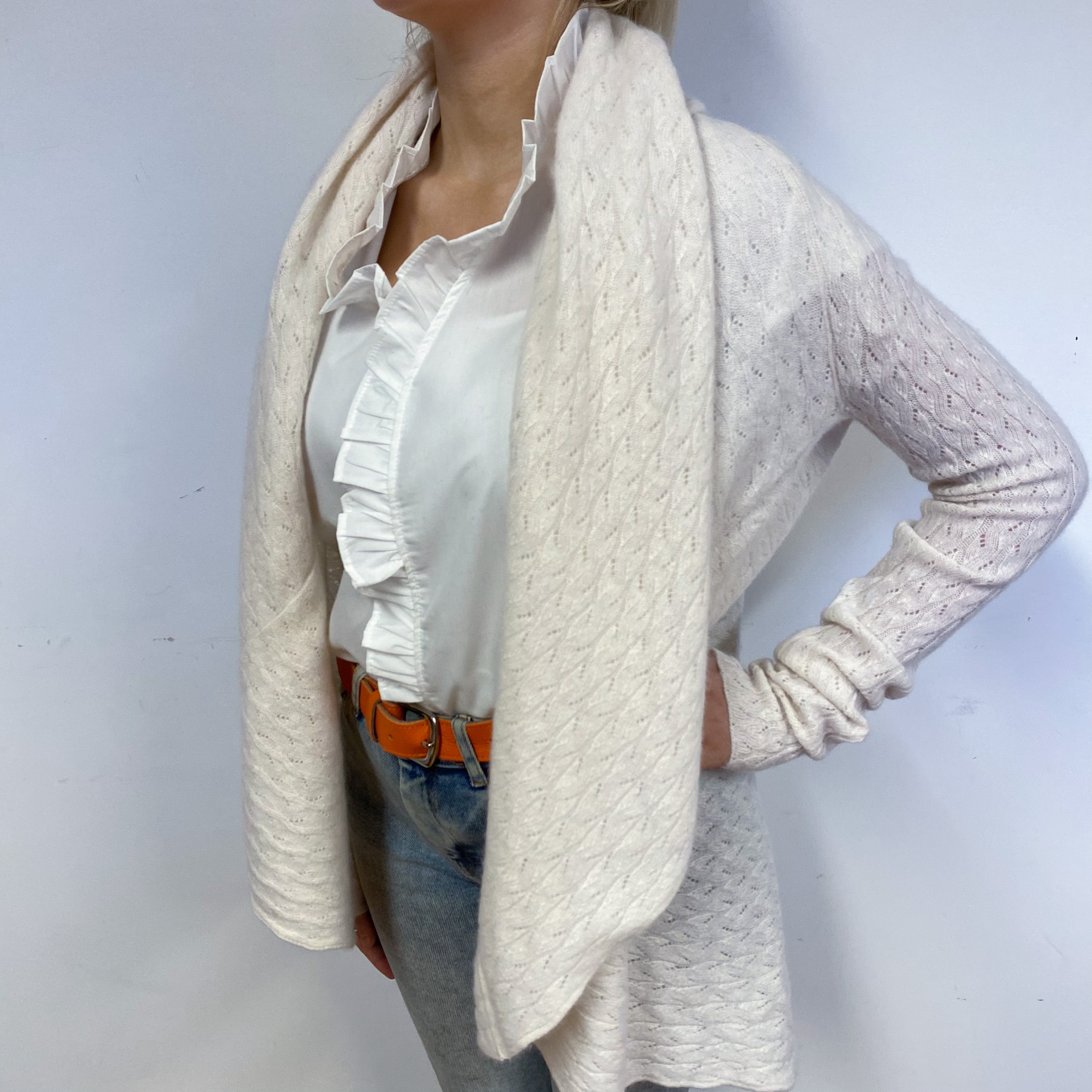 Cream Lace Knit Cashmere Waterfall Cardigan Small