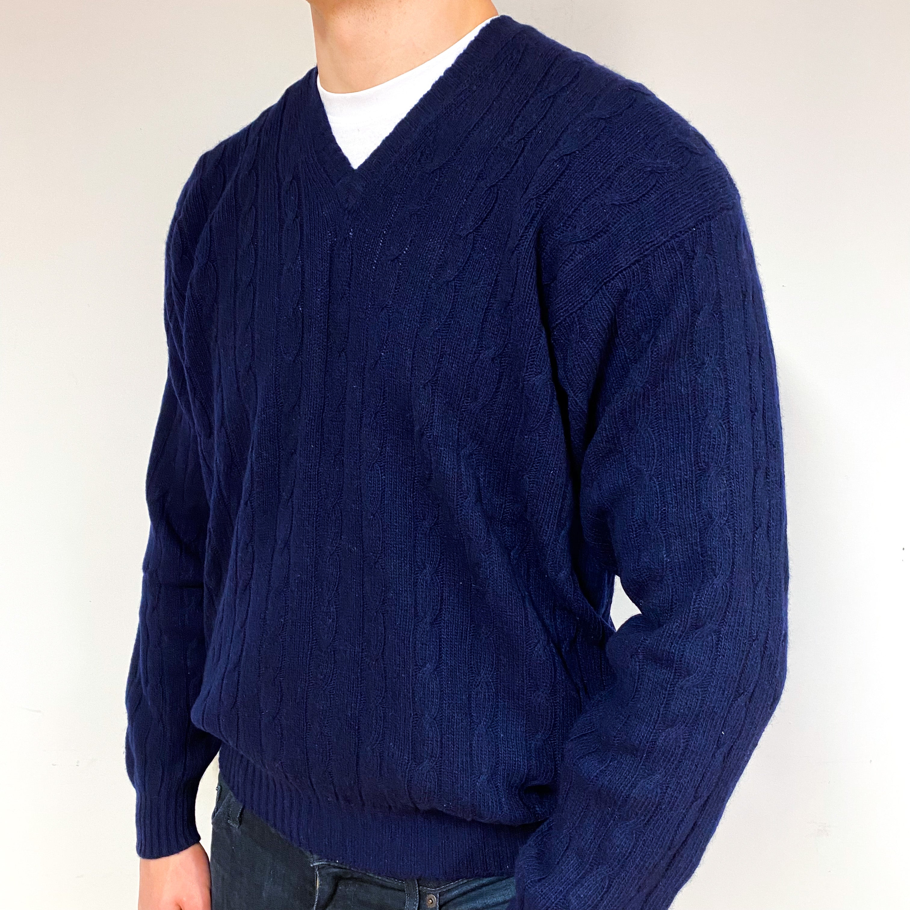 Men's Vintage Blue Cable Cashmere V-Neck Jumper Extra Large