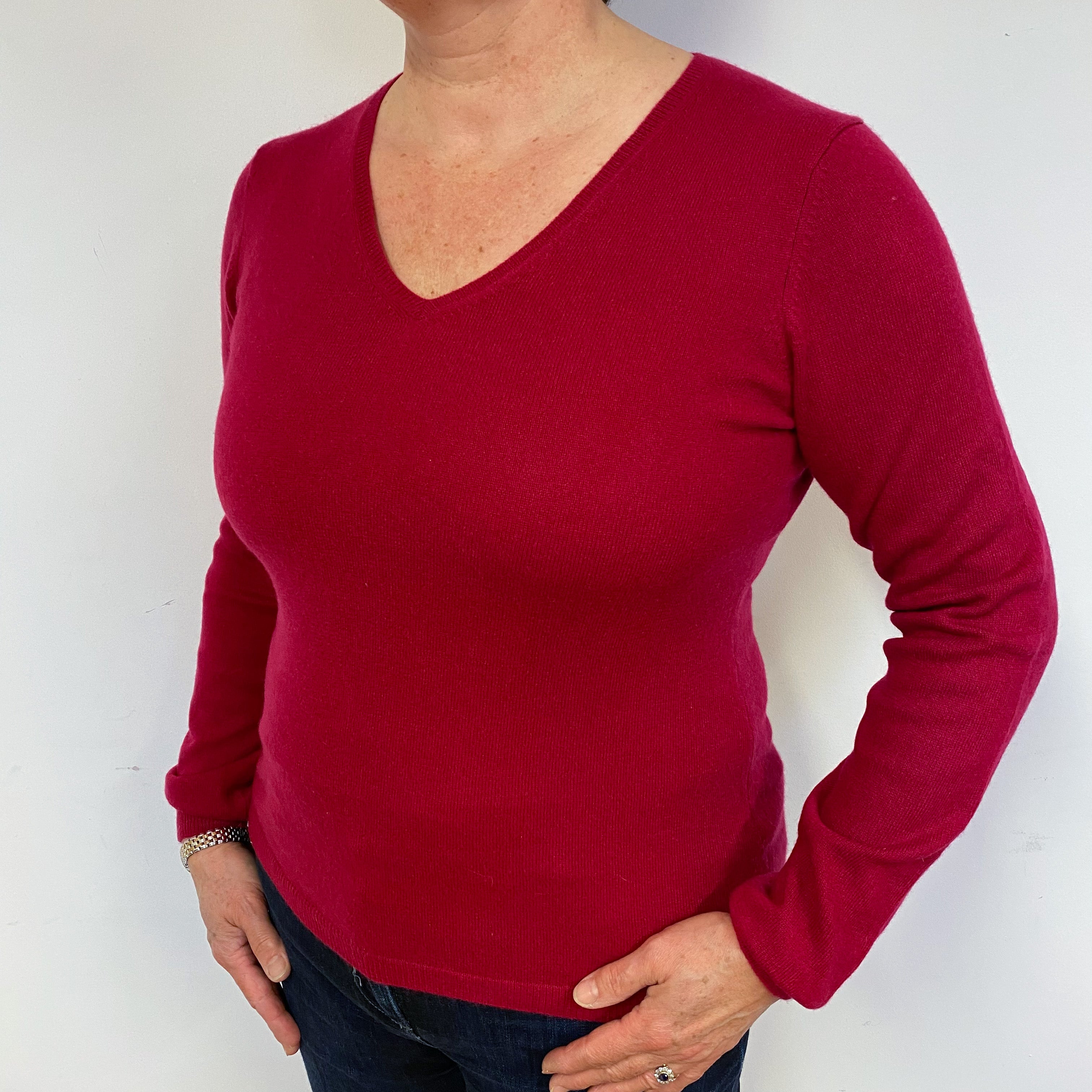 Cherry Pink Cashmere V-Neck Jumper Large.