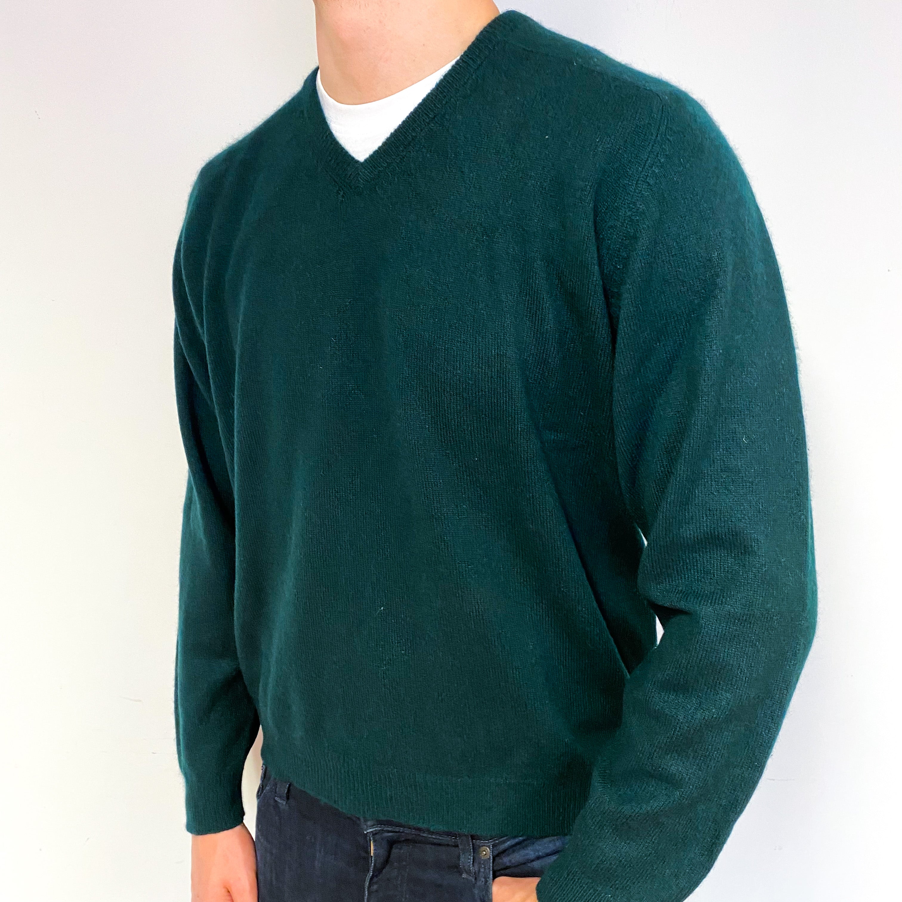Men's Bottle Green Cashmere V-Neck Jumper Extra Large