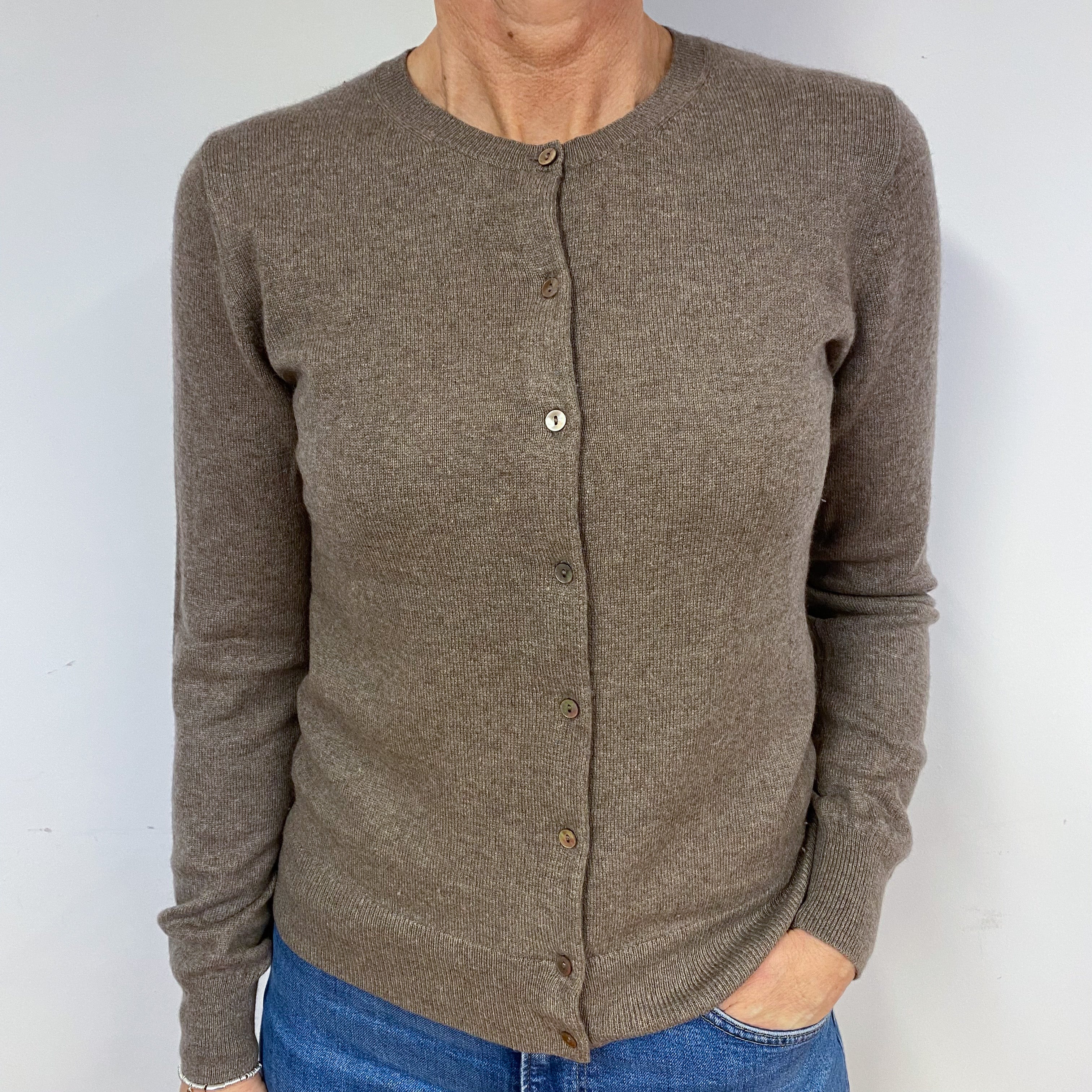 Mocha Brown Cashmere Crew Neck Cardigan Medium