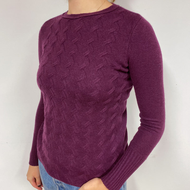 Purple Cable Cashmere Crew Neck Jumper with Neck Warmer Small