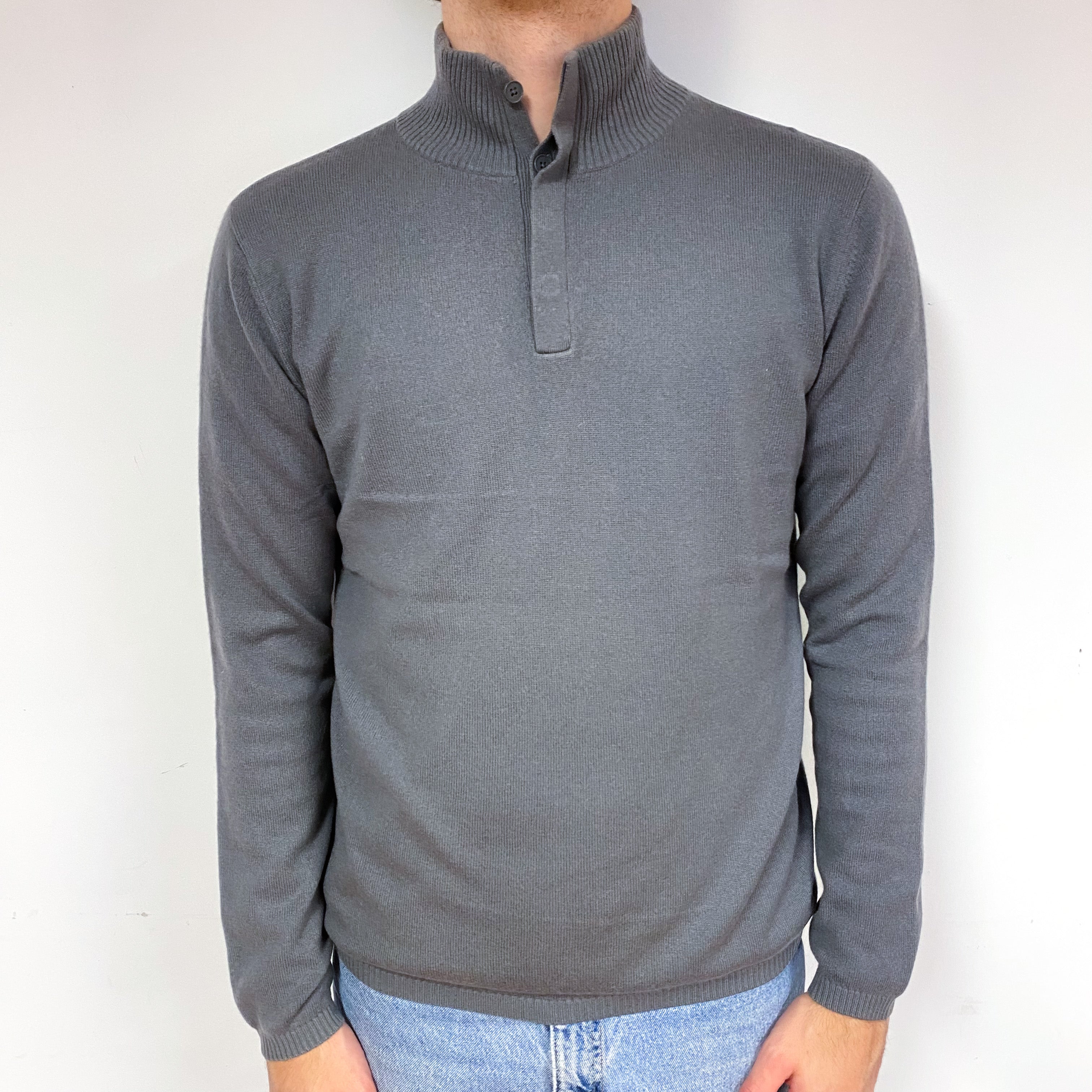Men's Steel Grey Cashmere 1/4 Button Jumper Large